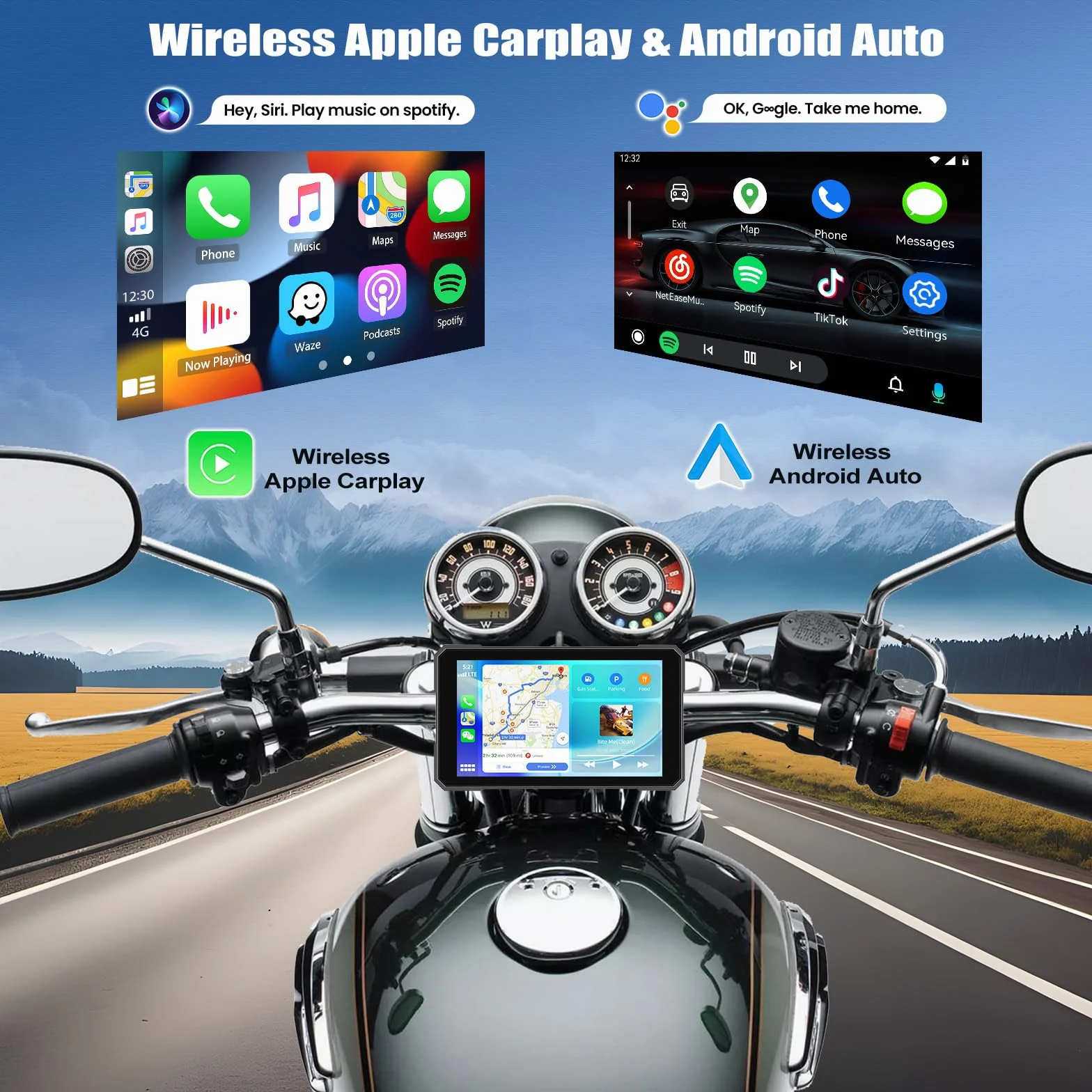 [2026 NOVITÀ] CAMECHO 5 pollici Touchscreen Wireless Carplay Moto con rilevamento della pressione dei pneumatici, GPS Moto Auto con CarPlay wireless Android Auto Bluetooth IP67 impermeabile 12V