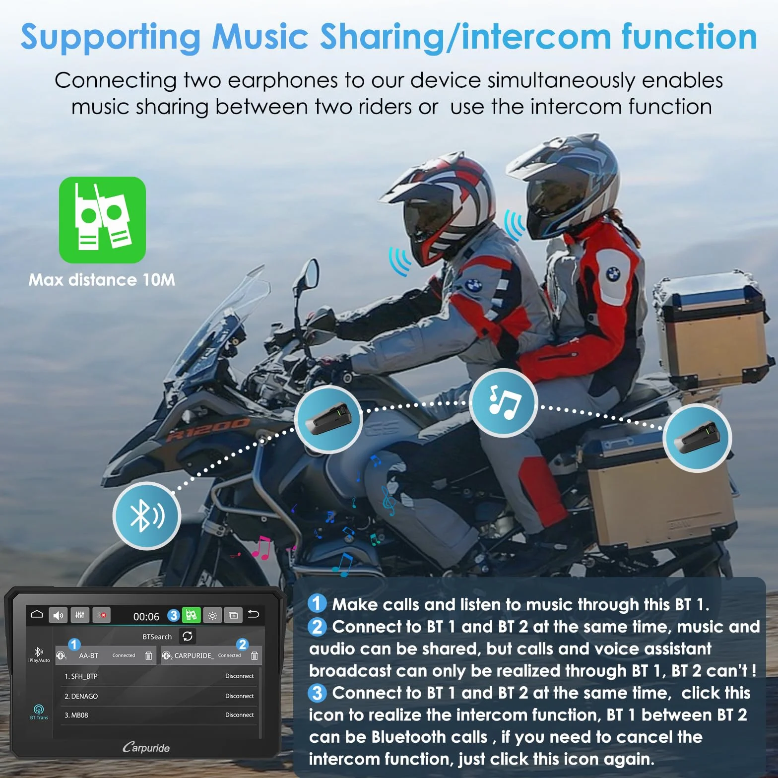 Carpuride W702 Pro Moto Carplay Schermo con Interfono Funzione, Senza Fili CarPlay e Android Auto, Portatile da 7 Pollici Impermeabile Touchscreen, Aggiornato Doppio Bluetooth, Navigazione, Bussola.