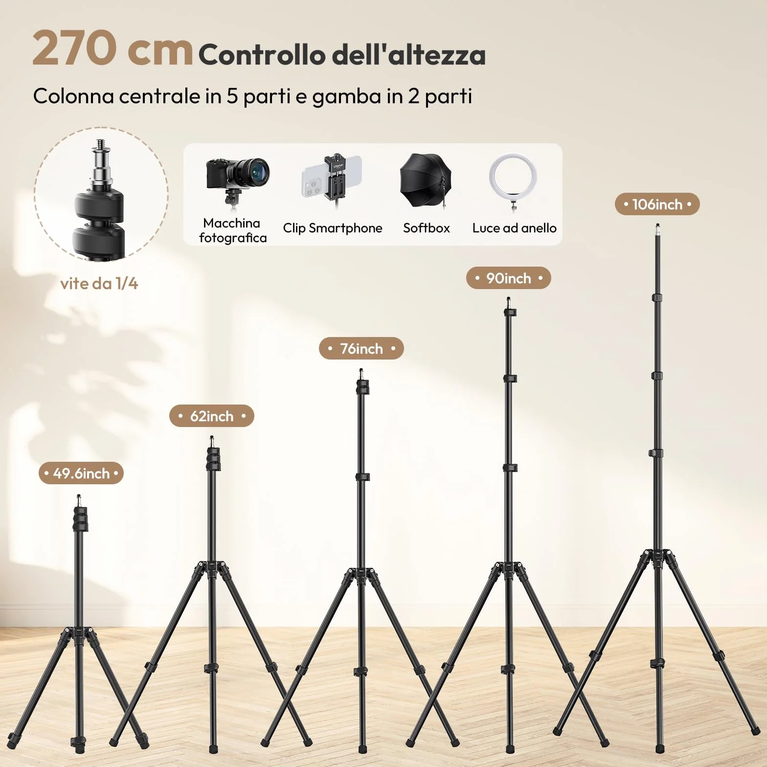 ULANZI T270, Stativo Fotografico in Alluminio da 270cm, Cavalletto per luci fotografiche con pesa 1,27 kg e capacità di carico 6 kg, Treppiede con vite da 1/4" per fotografia in Studio ed Esterna