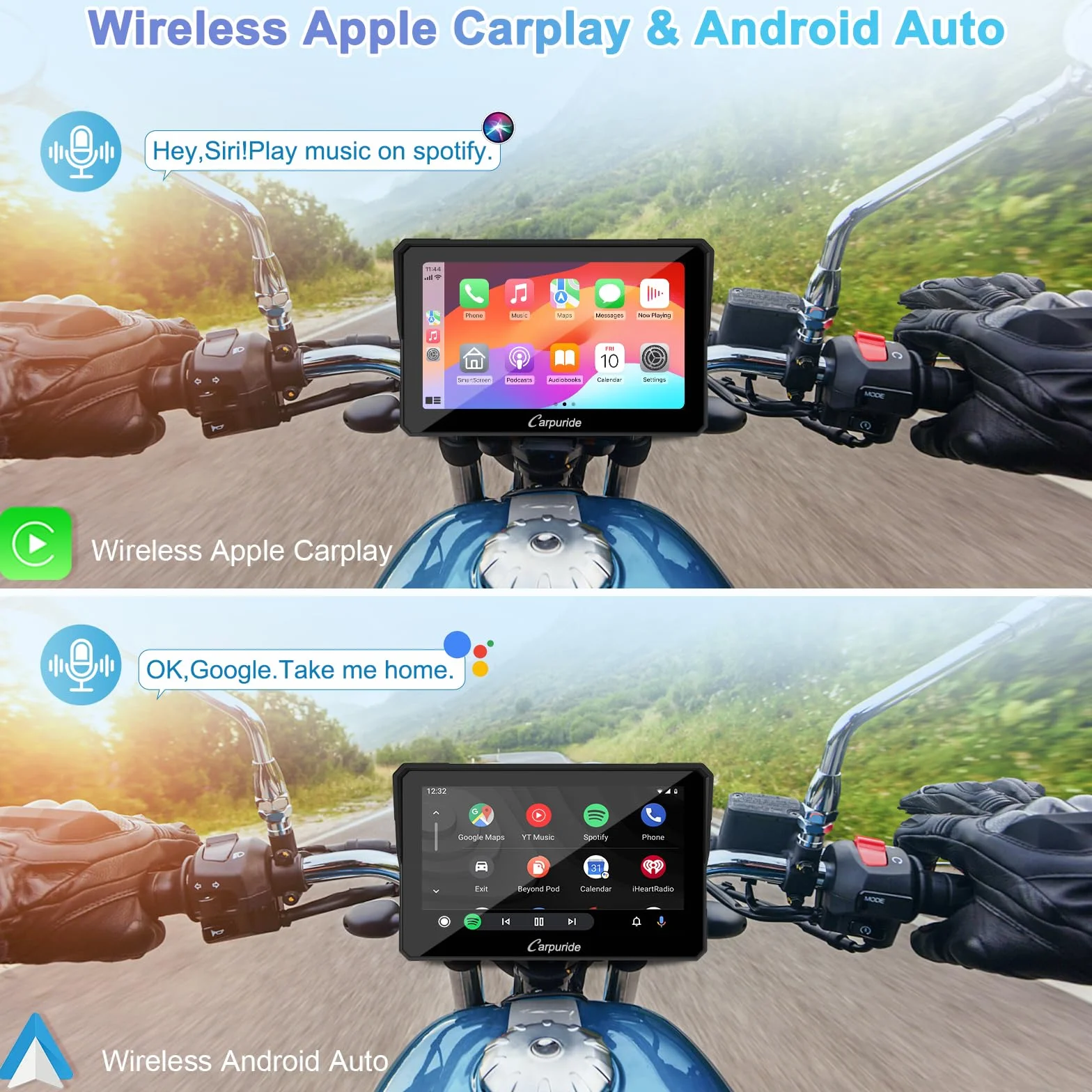 Carpuride W702 Senza Fili Schermata Carplay Per Moto, Portatile CarPlay & Android Auto Per Moto, 7 Pollici Impermeabile Touchscreen,Supporto Bluetooth Trans, Navigazione GPS, Siri.