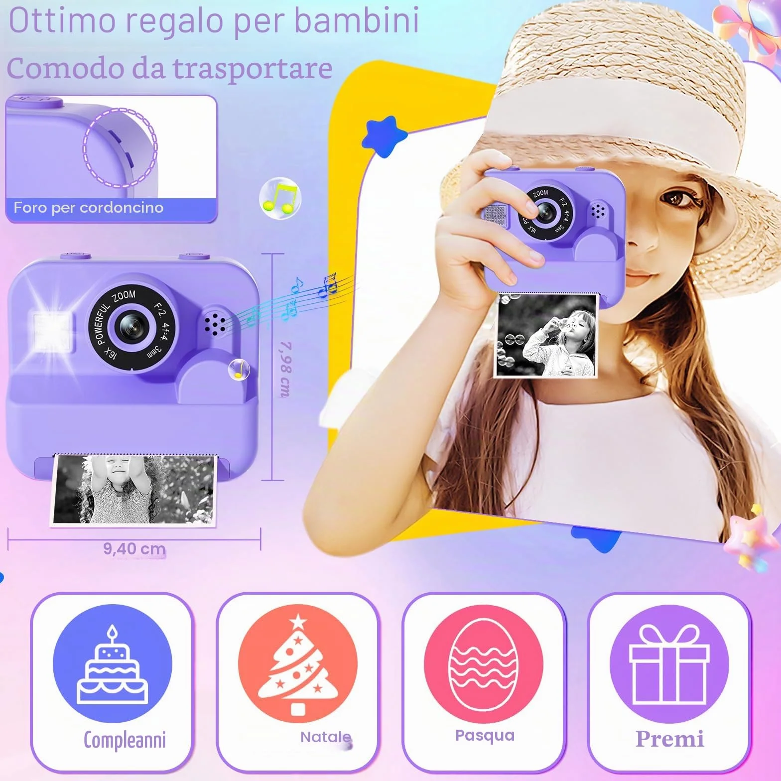 GKTZ Macchina Fotografica Bambini Istantanea - 1080P HD Digitale Macchina Fotografica Bambini Stampa con 32GB Scheda SD, Giocattolo Regali di Compleanno per Bambine di 4-12 Anni