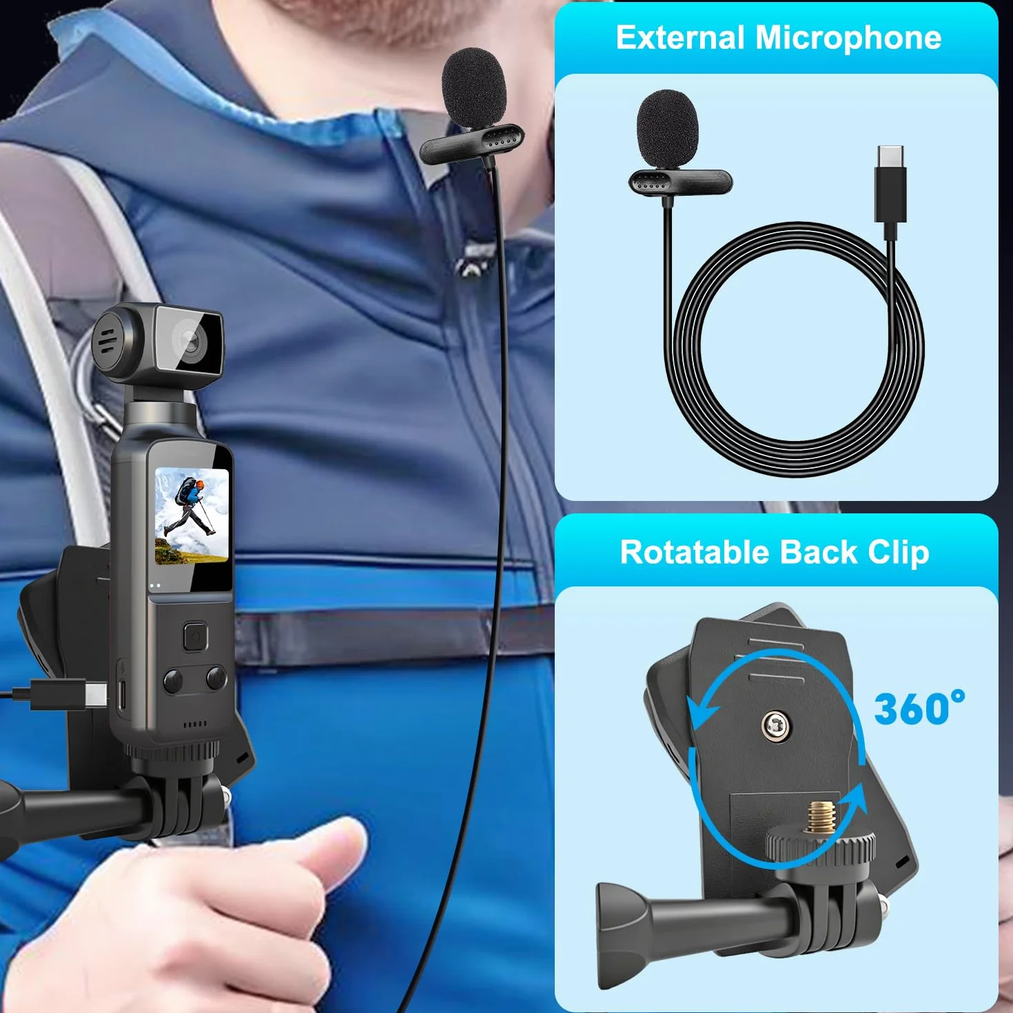 5K Bodycam, Mini Action Cam per Vlog POV, Videocamera Telecamera Portatile con Obiettivo Ruotabile 270°, Fotocamera Subacquea con Microfono Esterno, Clip e Scheda TF da 64 GB