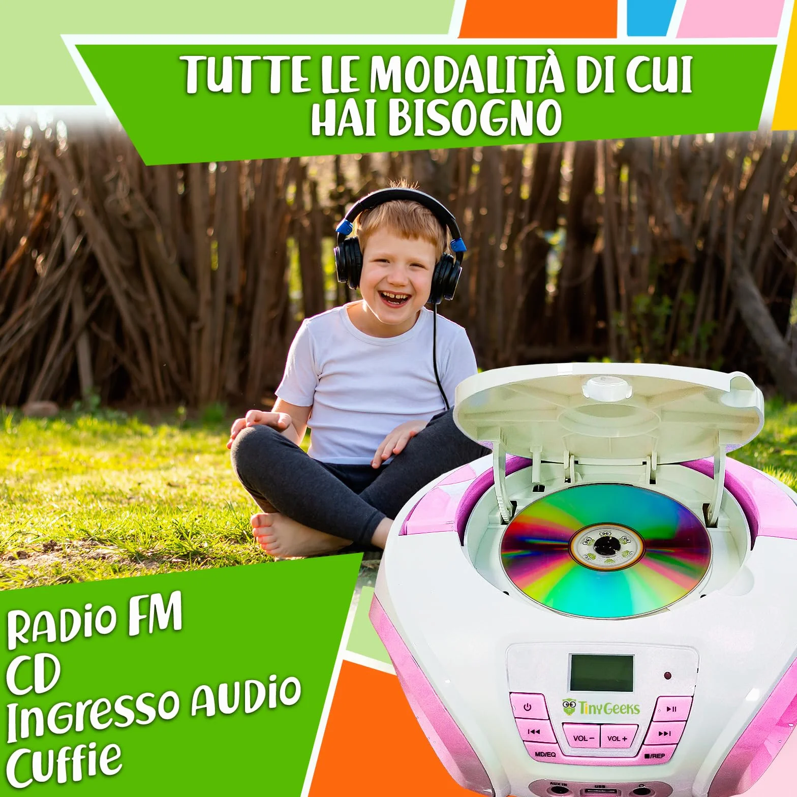 TinyGeeks Tunes CD PLAYER BAMBINI - NUOVO - Radio FM - Batterie incluse - LETTORE CD BAMBINI con altoparlanti - Regalo perfetto - Rosa