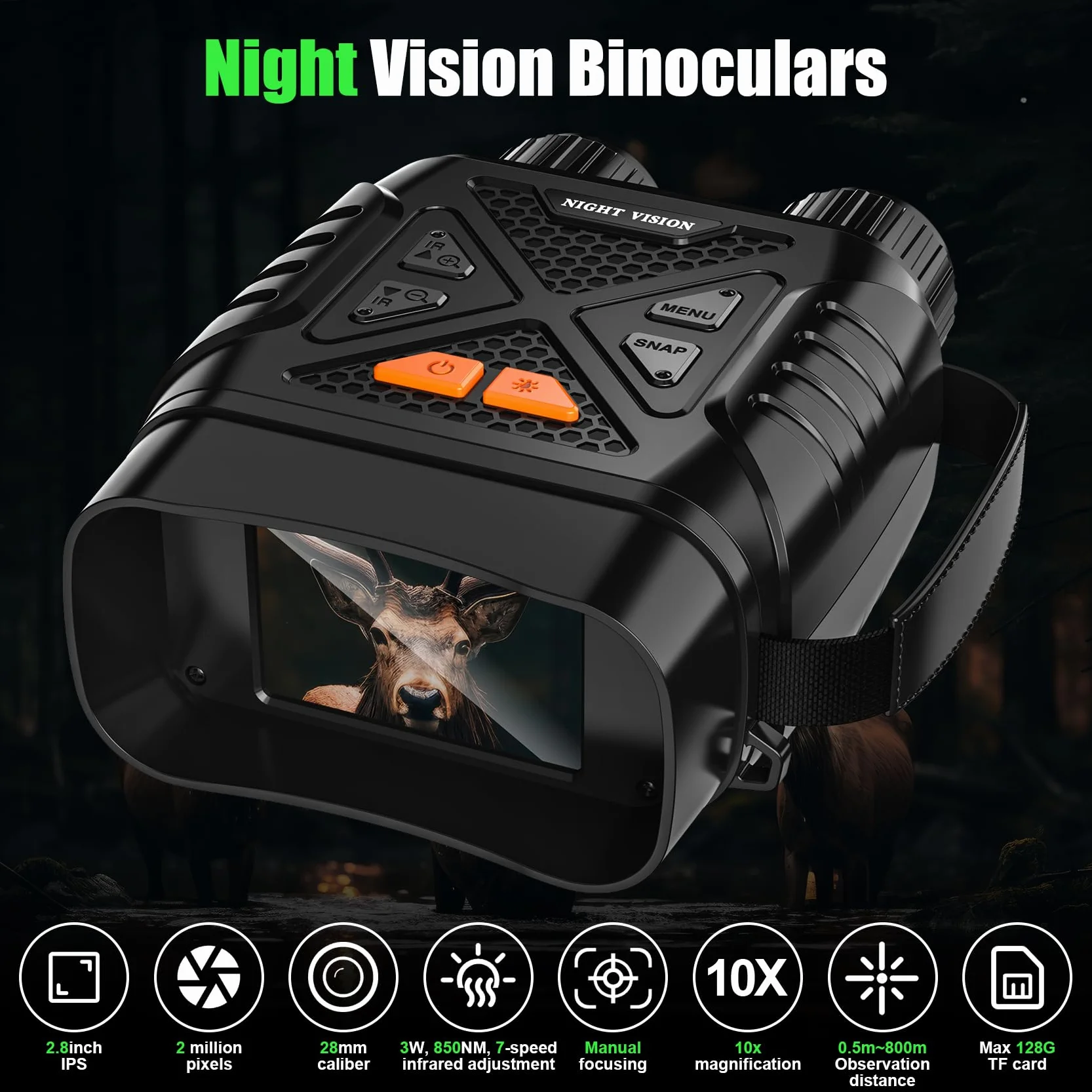 GlobalCrown Visore Notturno binocolo visione notturna,Binocolo infrarossi con zoom 10x e scheda 32GB per foto e video,Cannocchiale per l'osservazione della fauna selvatica,caccia e pesca notturna