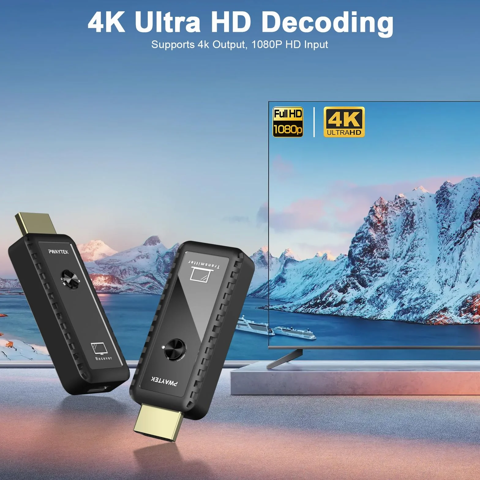 PWAYTEK Trasmettitore e ricevitore HDMI wireless con decodifica 4K, uscita 1080P, portata 164FT, doppia banda 2,4G/5G, per PC/laptop/TV/proiettore, Plug & Play, senza app (nero)