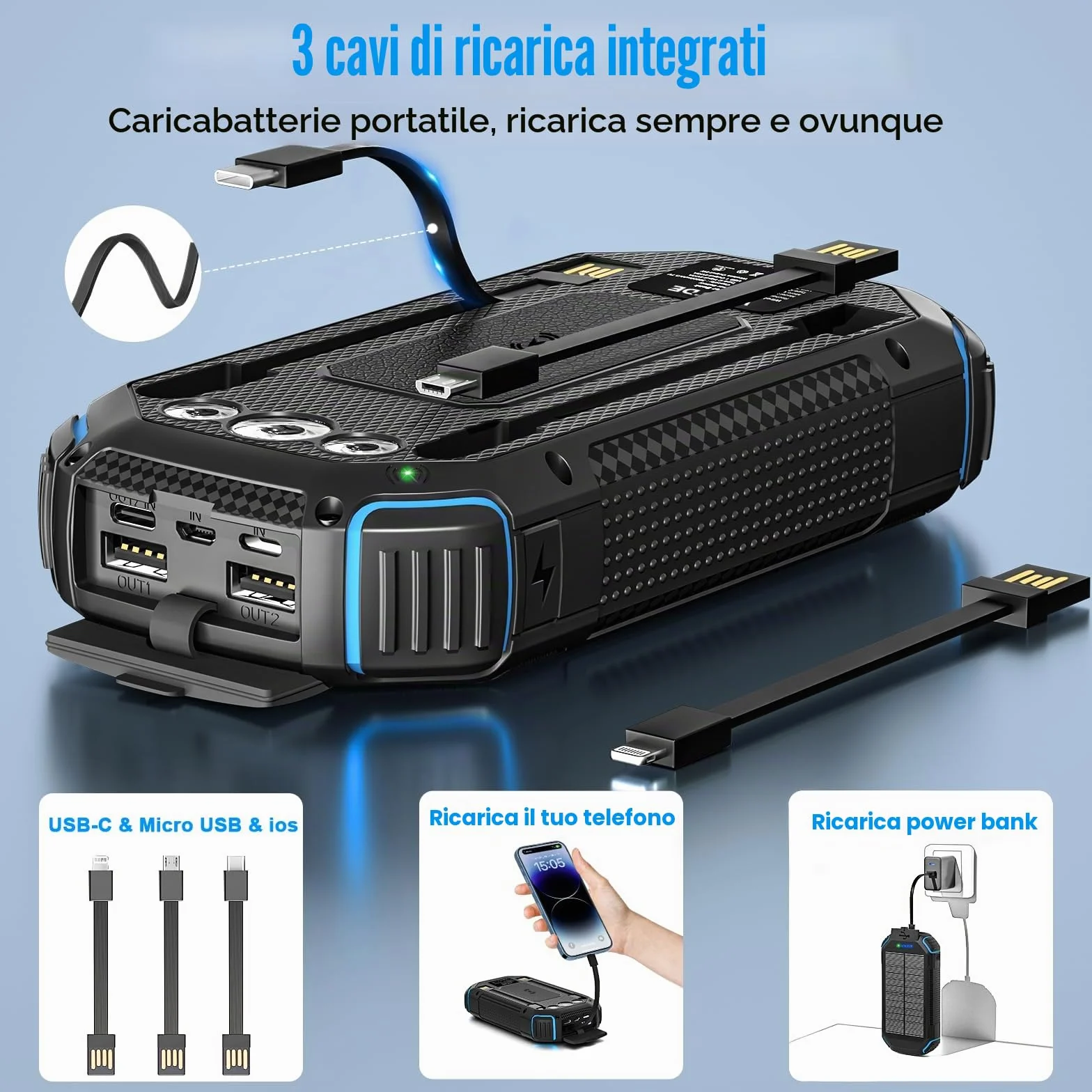 Power Bank Wireless Solar 26800mAh con 3 Cavi, Solar Powerbank USB-C 15W Ricarica Rapida 4 Uscite 3 Ingressi per Telefono Cellulare Caricatore Solare Esterno Batteria con Torcia