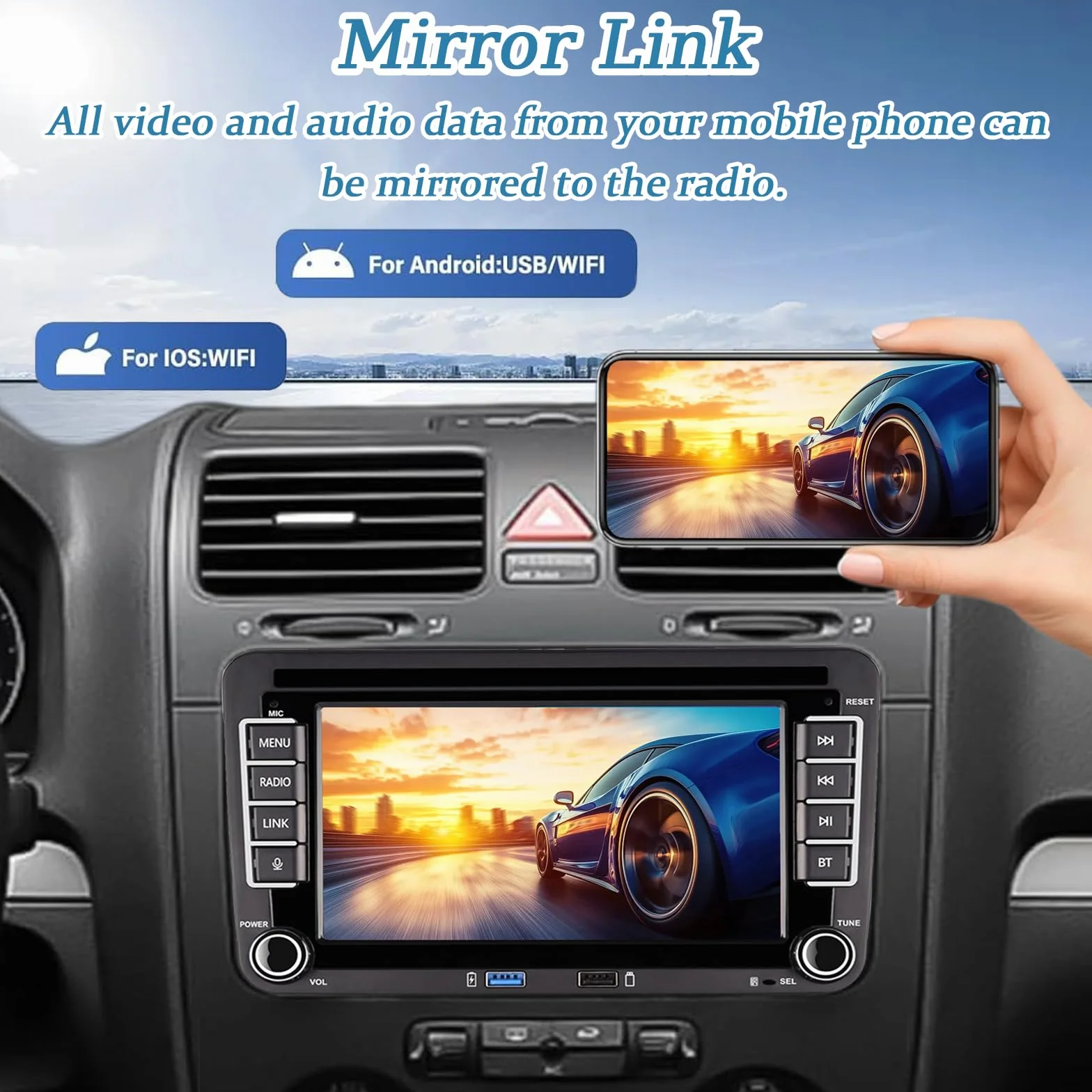 VW Auto radio of Golf 5 6 Doppio Din compatibile con CarPlay wireless/Android Auto per VW Polo Passat Caddy EOS T5 Touran con 7 Pollici IPS Mirror Link Bluetooth/FM/AM/USB/EQ/SWC