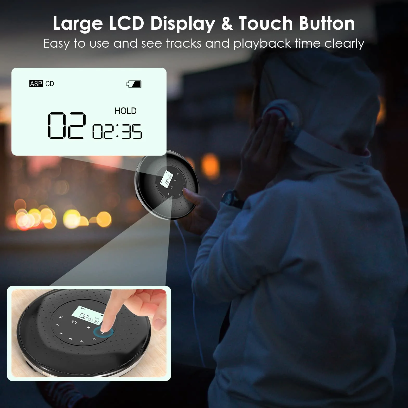 Qoosea Lettore CD Portatile con Pulsante di Tocco 1000mAh Ricaricabile per la Casa con Cuffie Giocatori CD Personali Walkman con Schermo LCD Porta USB AUX per i Bambini dell'automobile