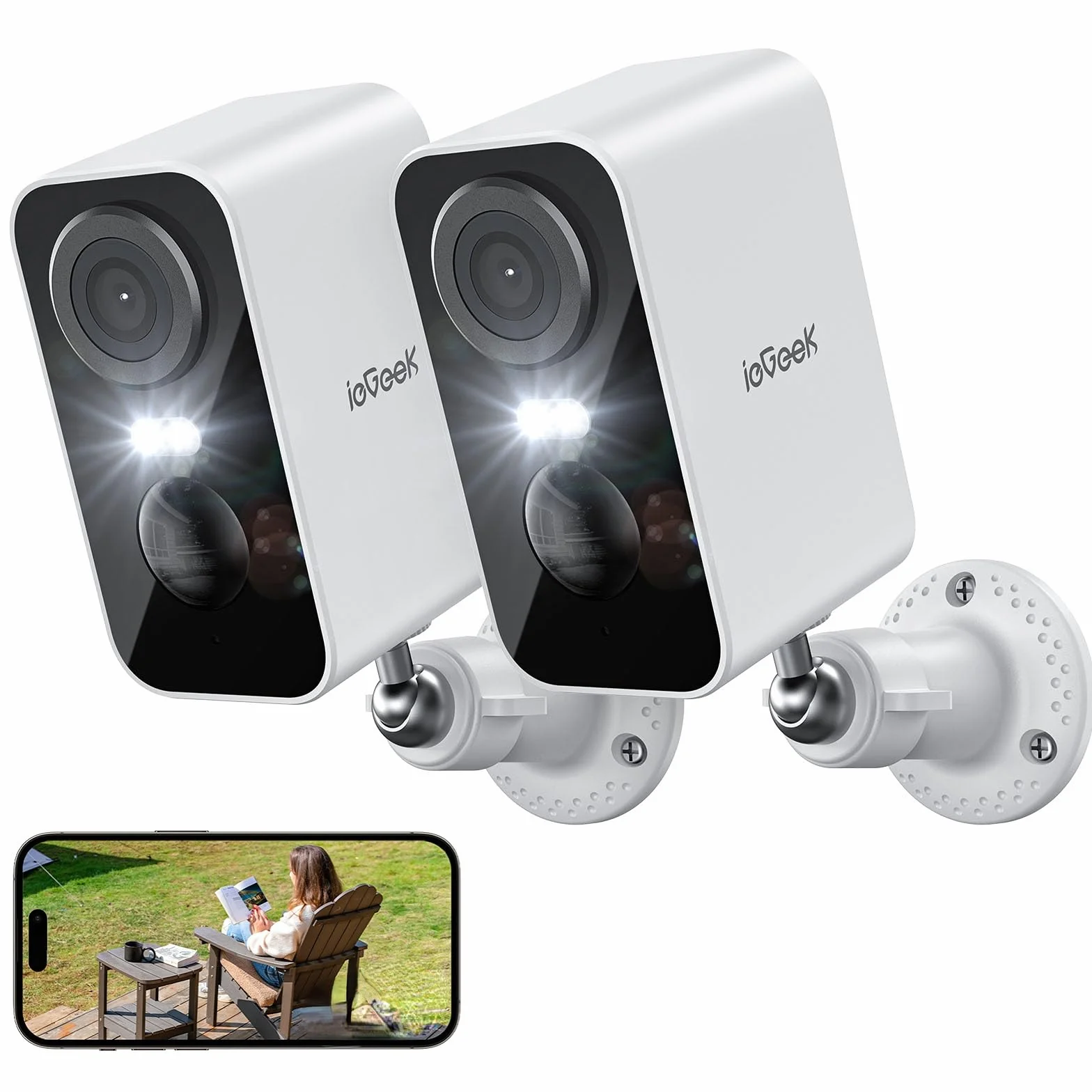 ieGeek 2K Telecamera Wi-Fi Esterno/Interno Senza Fili, Videocamera Sorveglianza WiFi Batteria, Rilevamento Movimento PIR, Sirena, Visione Notturna a Colori, 2 Vie Audio, Locale/Cloud, 2 pz