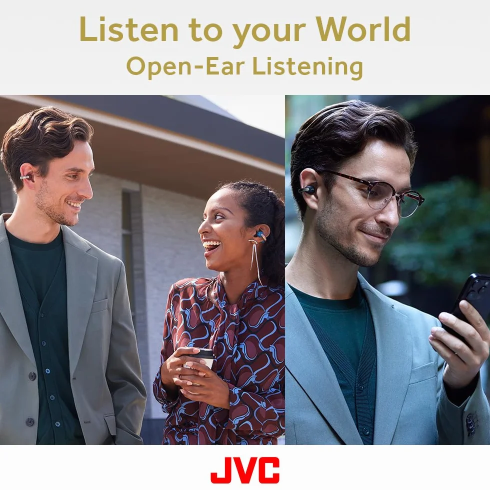 JVC Nearphones HA-NP1T-B, Cuffie in stile Earcuff con archetto lucido, vestibilità comoda, connessione multipoint, Bluetooth 5.3, autonomia di 24 ore, compatibili con app - Nero