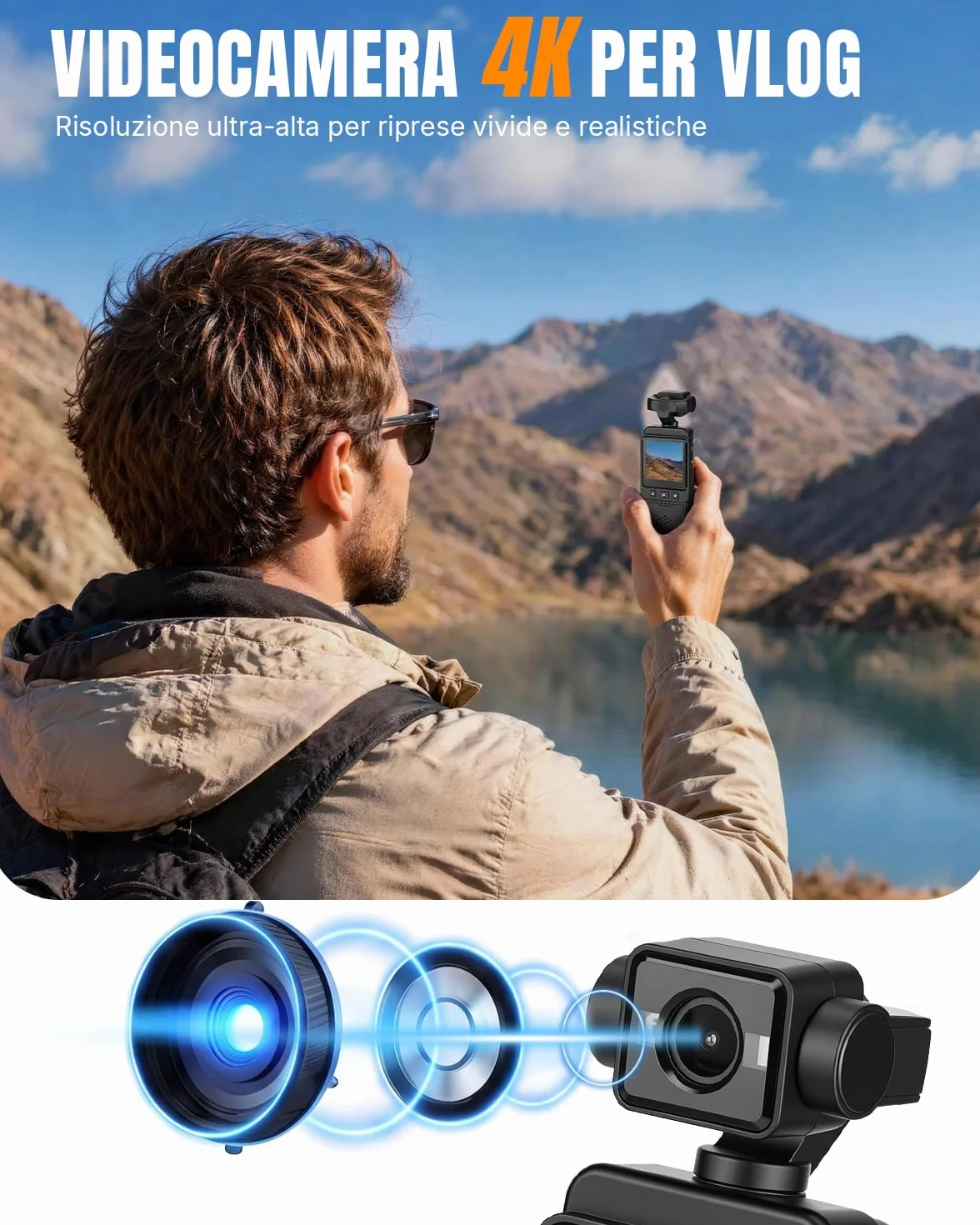 Mini Bodycam 4K, WiFi Fotocamera per Vlog, Videocamera Sportiva, Action Cam Portatile POV Telecamera Lente con Rotazione di 270°, per Fotografia, Youtube, Viaggi