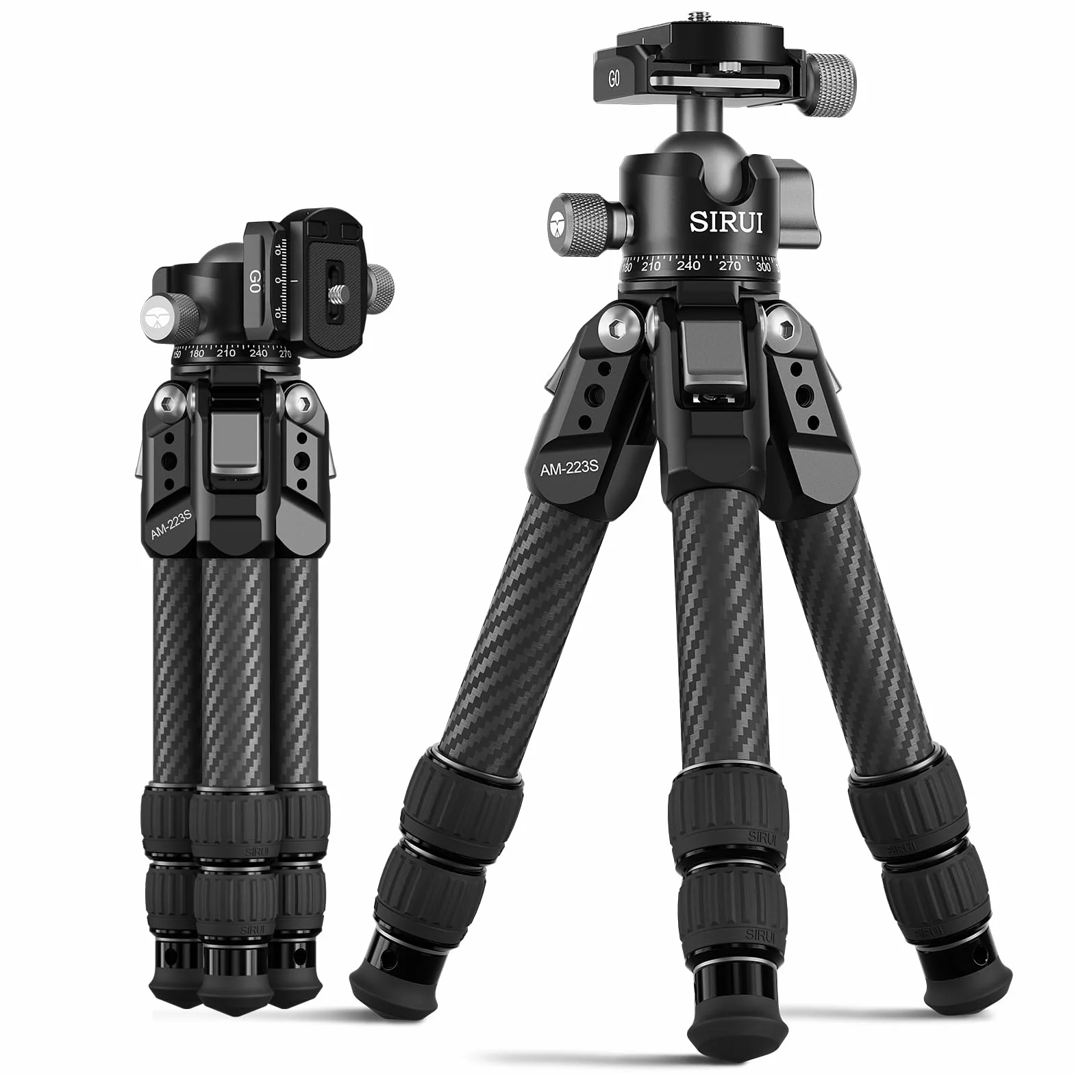 SIRUI AM-223S+G0 Mini treppiede per fotocamera in fibra di carbonio - ultraleggero 0,8 kg, altezza massima 42,4 cm, treppiede da tavolo con testa a sfera panoramica a 360°, supporto resistente fino a