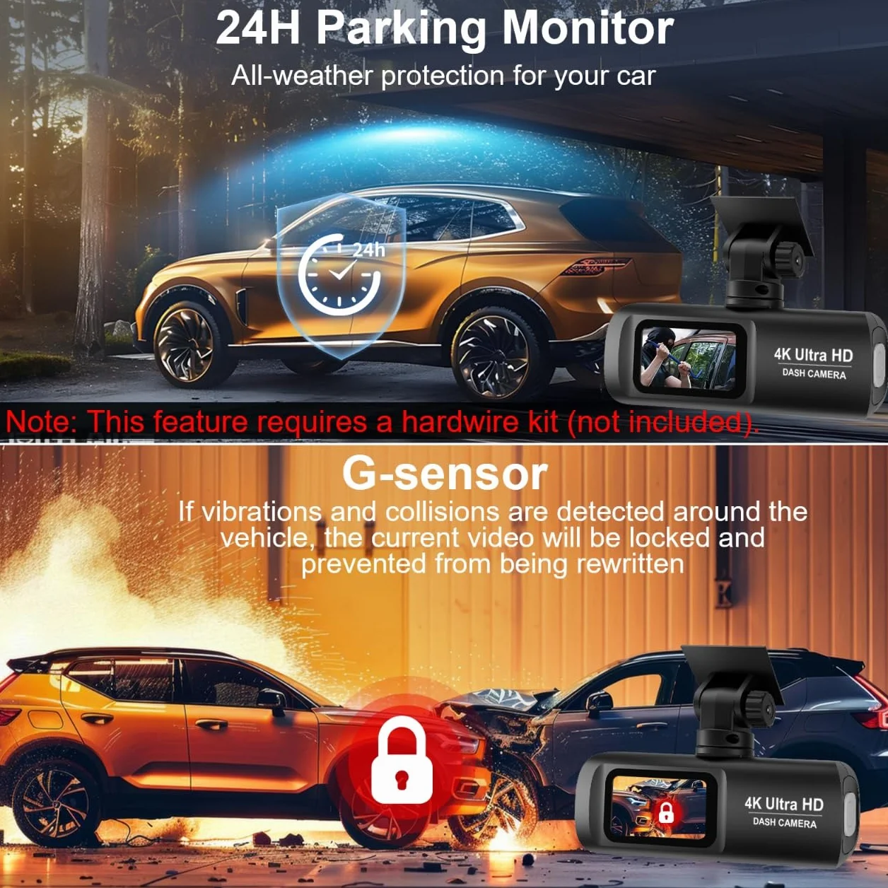 Dash Cam Auto 4k + 1080P, WiFi Dashcam Telecamera per Auto Atti Vandalici con Visione Notturna Migliorata, Sensore di Gravità, Registrazione in Loop, WDR