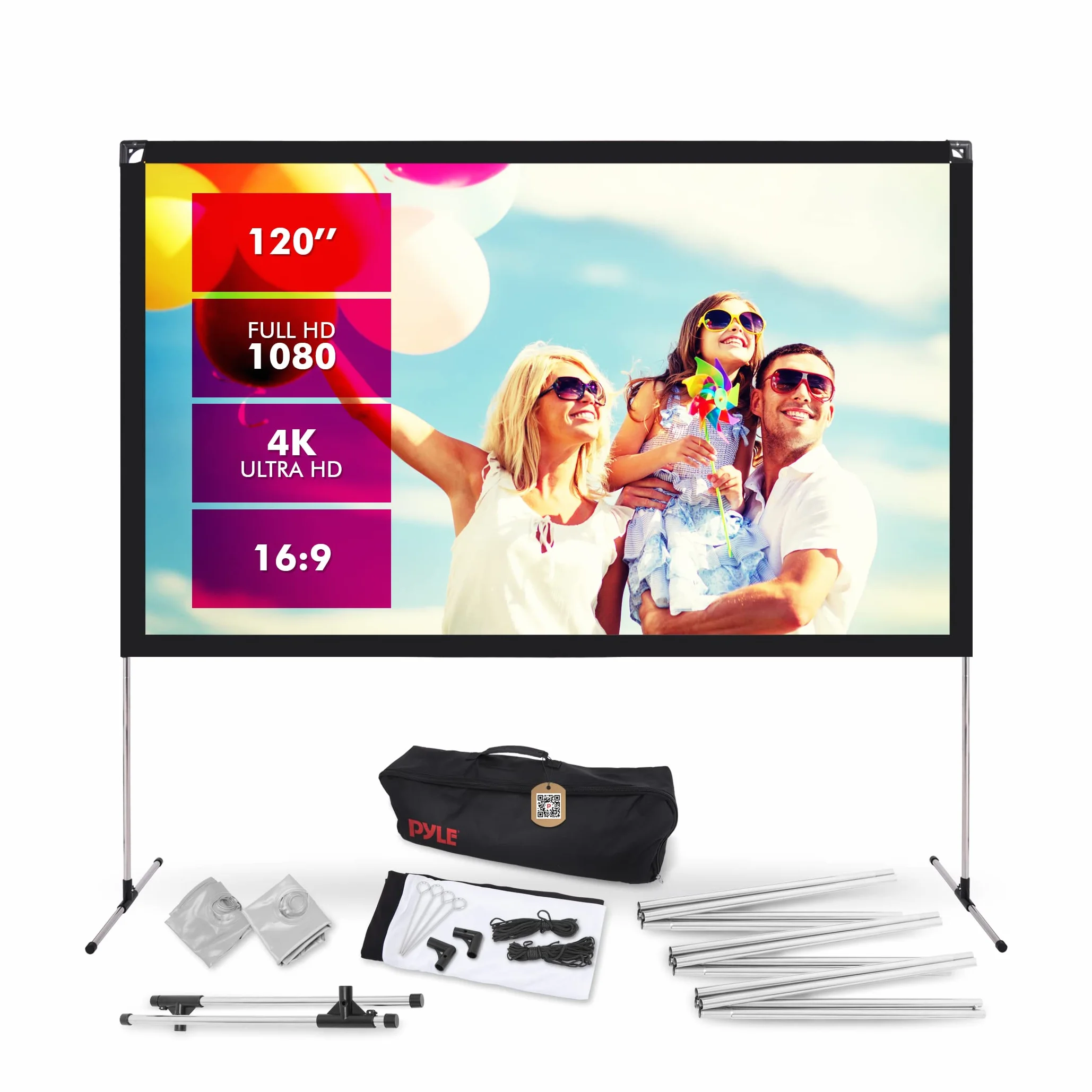 Pyle Telo Proiettore con Supporto, 305 cm 16:9 HD 4K Portatile, Leggero e Pieghevole, Schermo Proiettore da Interno/Esterno per Home Theater