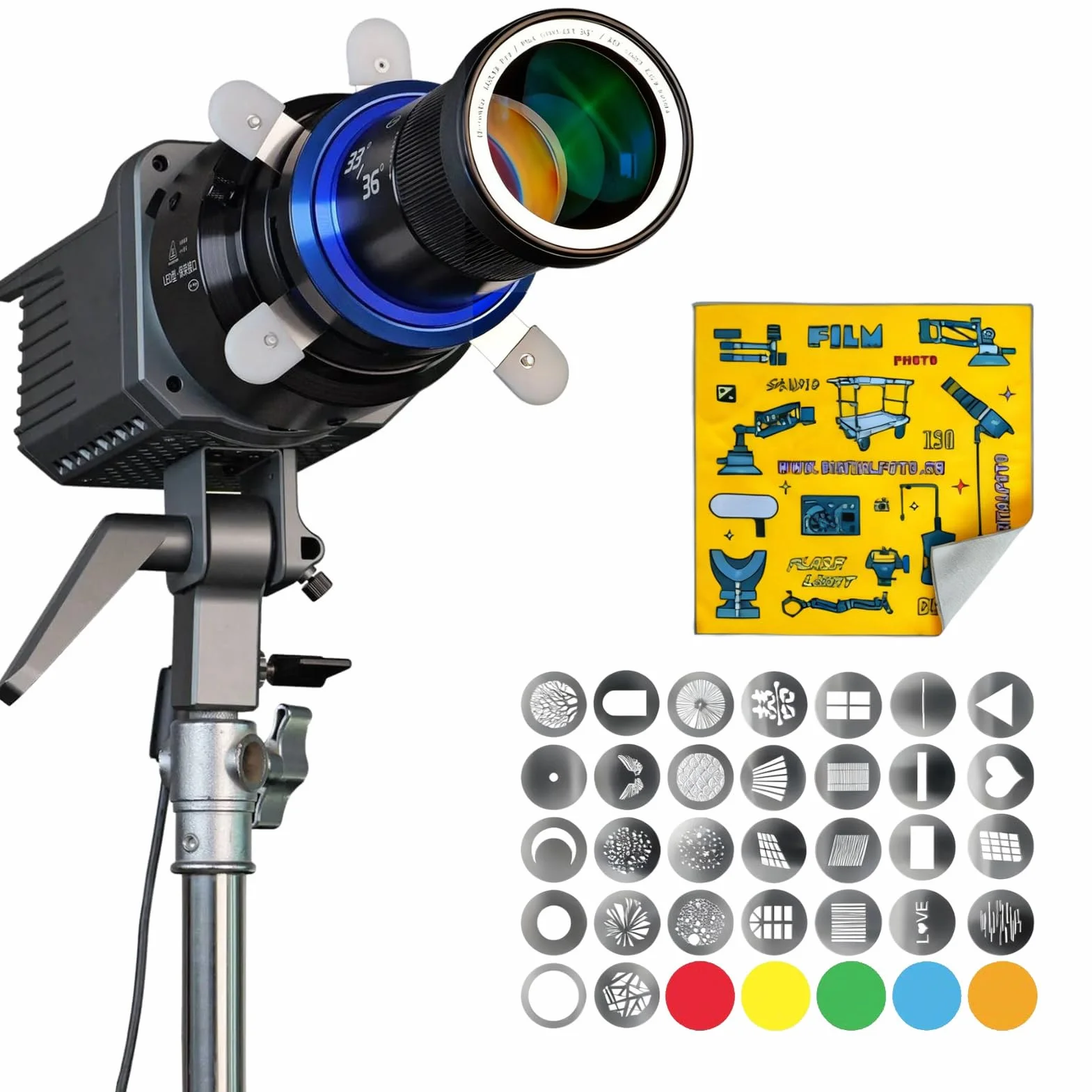 Bowens Mount Optical Snoot Kit per Aputure Amaran 100X/D, 200X/D, 150C, 300C, 600X Pro Ray 660C, Godox SL60 – Proiezione Spotlight con 5 filtri colorati, 30 Gobos & 5 Gobo colore speciale.