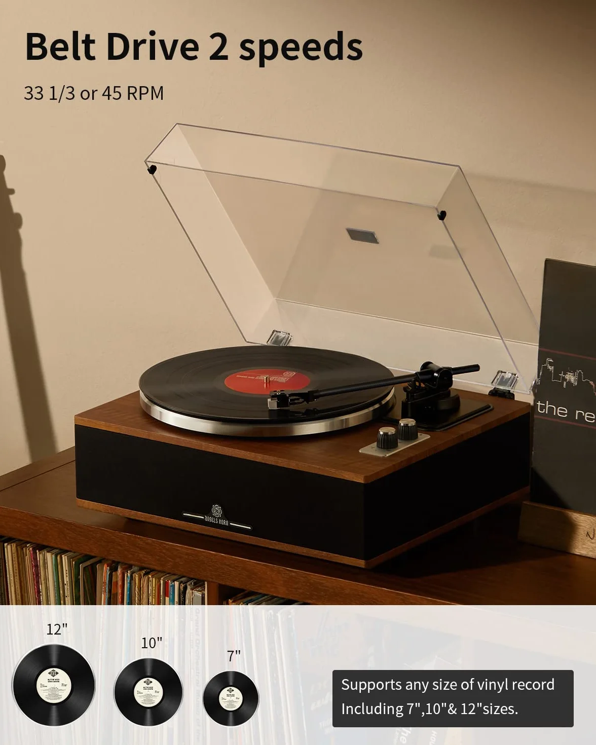 ANGELS HORN Giradischi in vinile Bluetooth HiFi con altoparlanti e preamplificatore Phono integrato 33/45 giri/min pickup AT-3600L