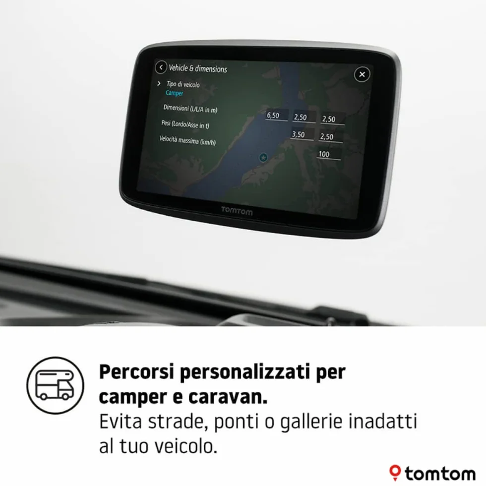 TomTom Navigatore satellitare per camper e roulotte GO Camper Tour (schermo da 6", PDI dedicati per camper e roulotte, aggiornamenti Wi-Fi, TomTom Traffic, avvisi autovelox e mappe dell'Europa)