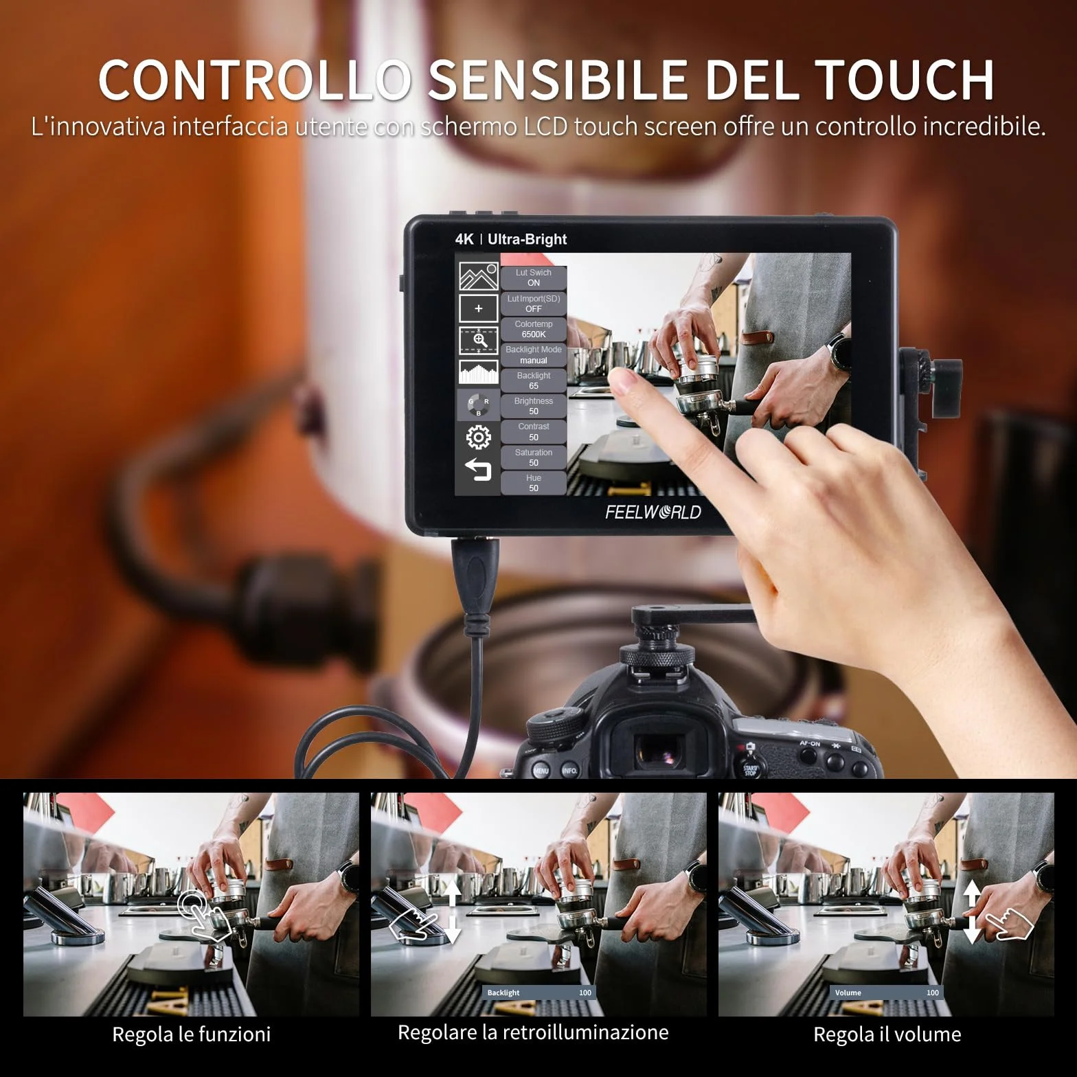 FEELWORLD LUT7 7 Pollici Monitor per Fotocamera 2200nit Touch Screen DSLR Monitor da Campo 4k 3D Lut HDMI Waveform/Sensore di luce automatico con batteria F750 e borsa