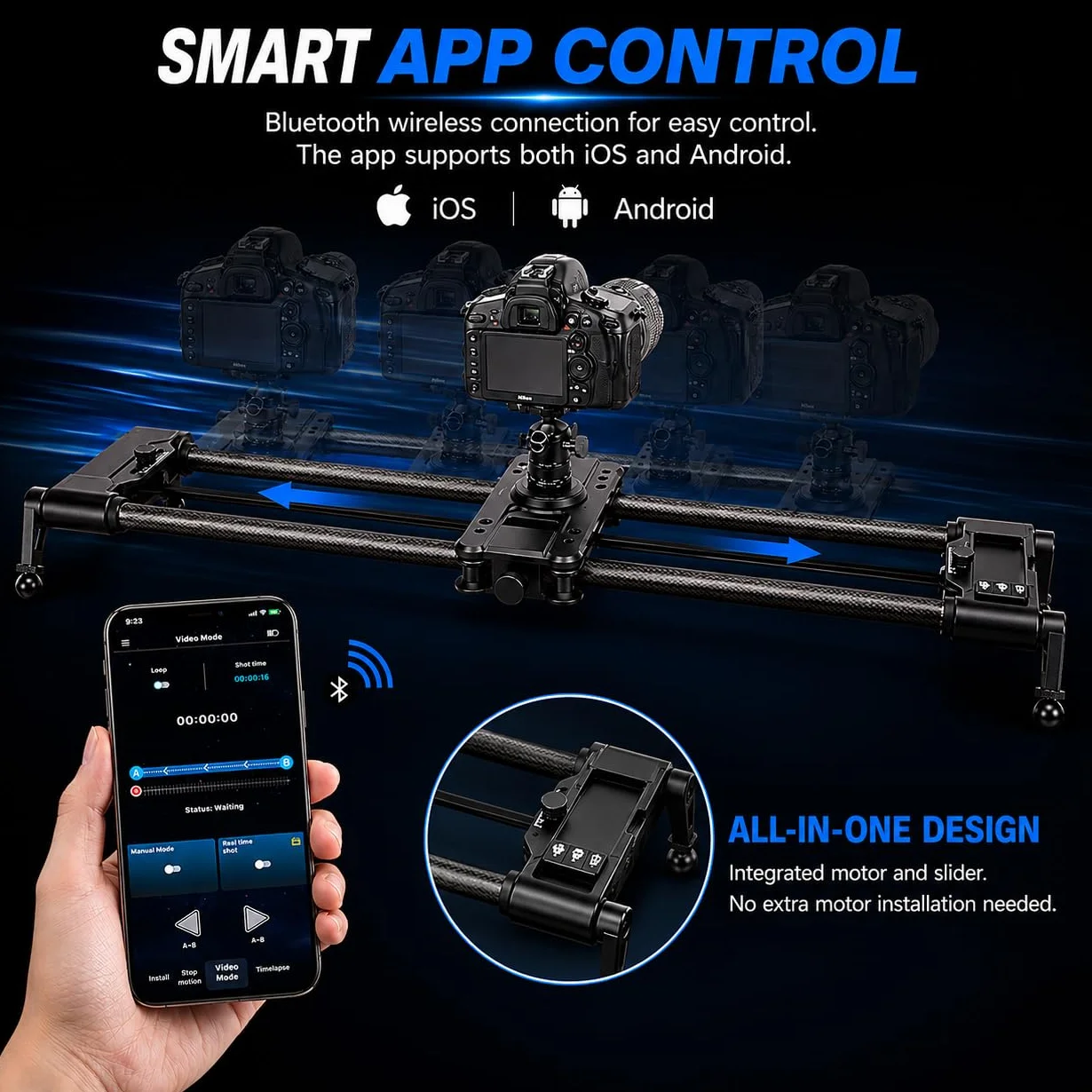 KONOVA G1 Slider Motorizzato per Fotocamera DSLR e Mirrorless, Controllo Bluetooth App, Binario in Fibra di Carbonio, Motion Control per Time Lapse, Stop Motion, Tracking e Panorama (100cm)