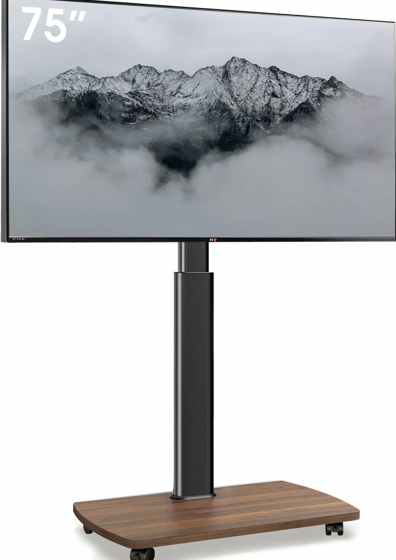 AOKCOS Carrello Porta TV con Ruote per 43-75 Pollici, Supporto TV da Pavimento Girevole e Regolabile in Altezza, Inclinabile, Base in Legno, VESA 600x400mm 50kg