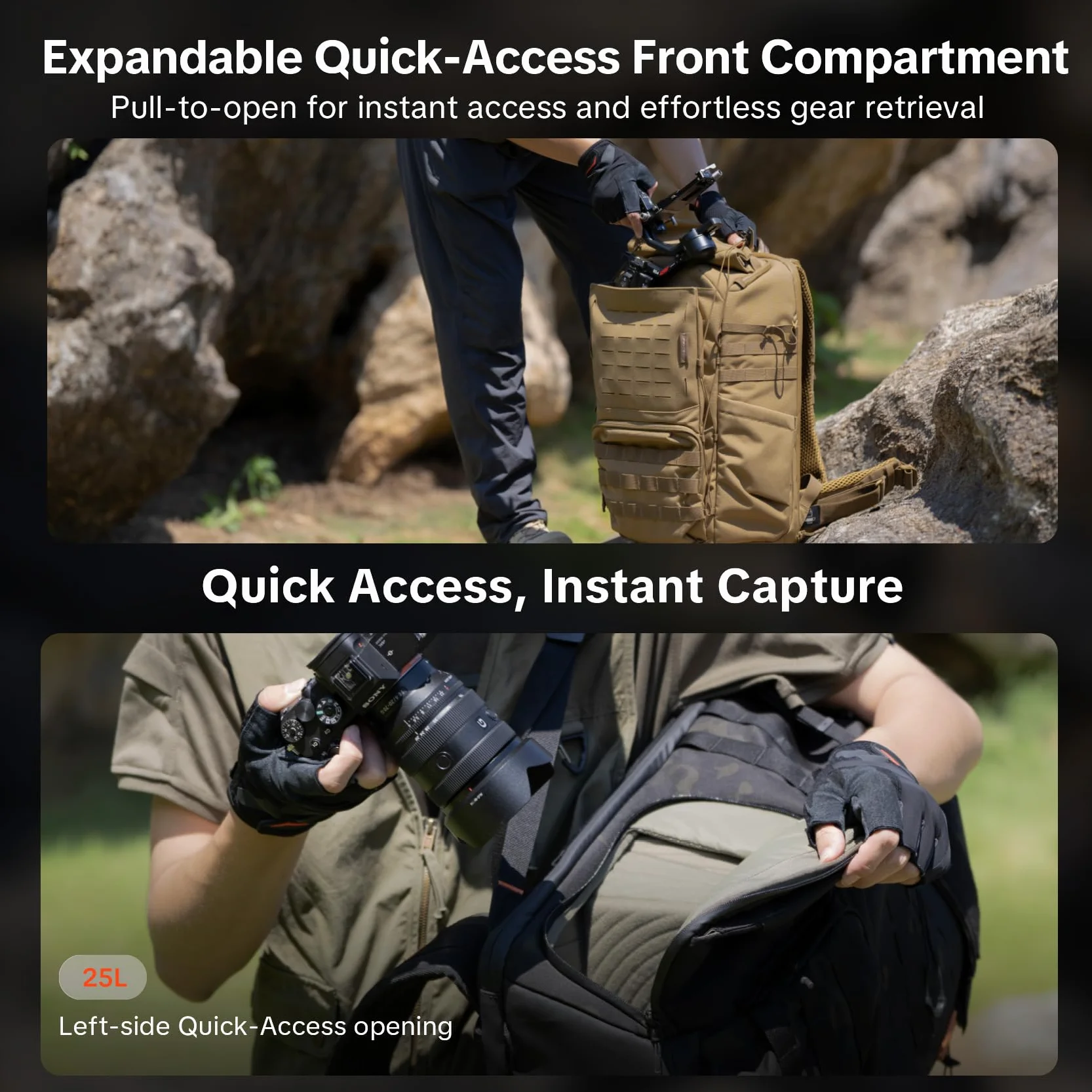 PGYTECH OneMo TAC Zaino Fotografico Tattica 25L Zaino per Fotocamere Impermeabile per Fotocamere DSLR/SLR/Mirrorless, con Scomparto Laptop 15,6", Copripioggia, Portatripode, Mimetica Nero