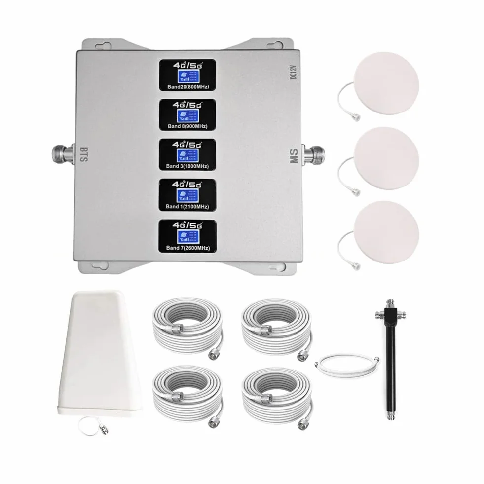 Amplificatore Segnale Cellulare 5 Bande 800/900/1800/2100/2600MHz, Ripetitore Segnale Cellulare 2G 3G 4G 5G, Tre Antenne Interne