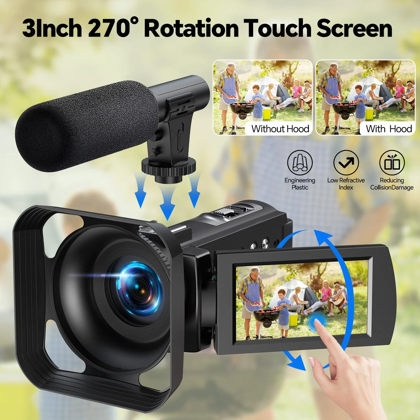 Videocamera 5K 56MP Camera Vlog per YouTube, WiFi, Visione Notturna IR, Zoom Digitale 16X, Schermo Touch 3", Webcam, Microfono Esterno, 2 Batterie, Scheda 64GB, Stabilizzatore, Telecomando, Treppiede