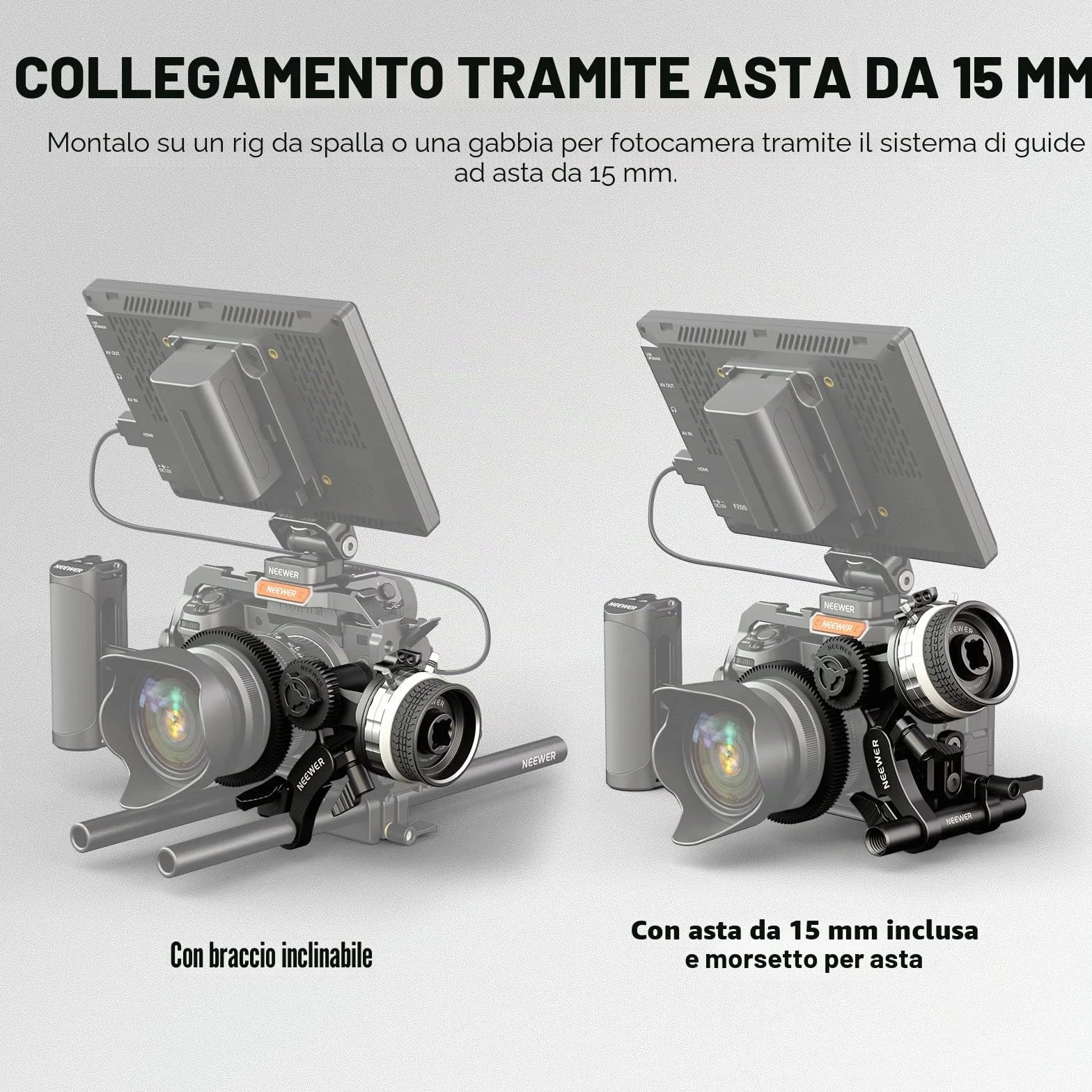 NEEWER Mini Follow Focus con attacchi A/B, corona dentata, asta da 15 mm e morsetto per fotocamera a film, fotocamera DSLR/senza specchio, compatibile con lenti di diametro fino a 114 mm, PG001