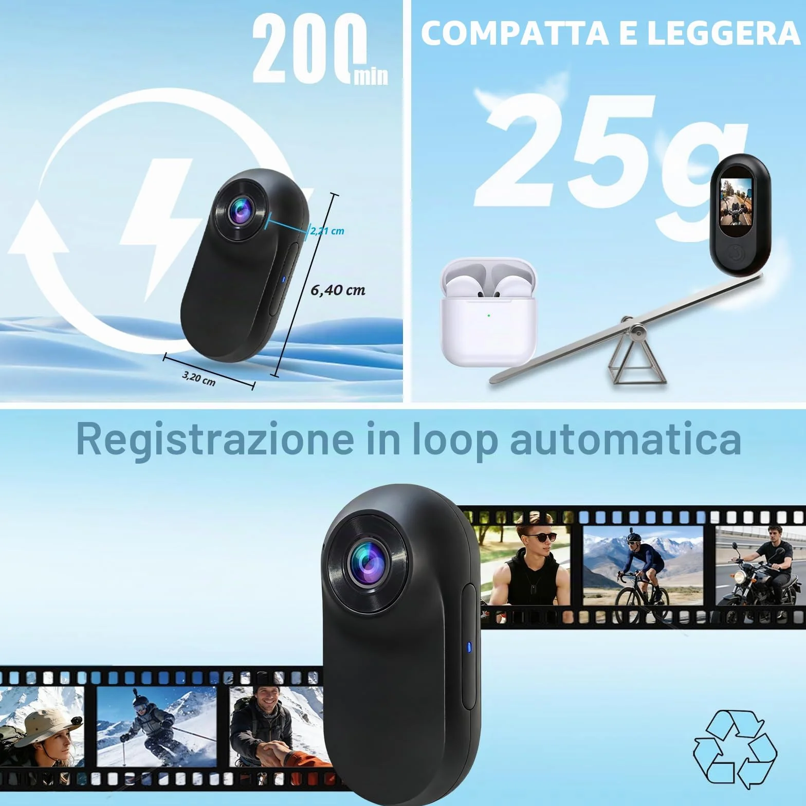 Mini Action Cam Portatile, Body Cam Ultraleggera, POV Camera con Memoria Integrata 32GB, Bodycam Multifunzionale Ideale per Viaggi, Ciclismo ed Escursioni Outdoor(Blu Marino)