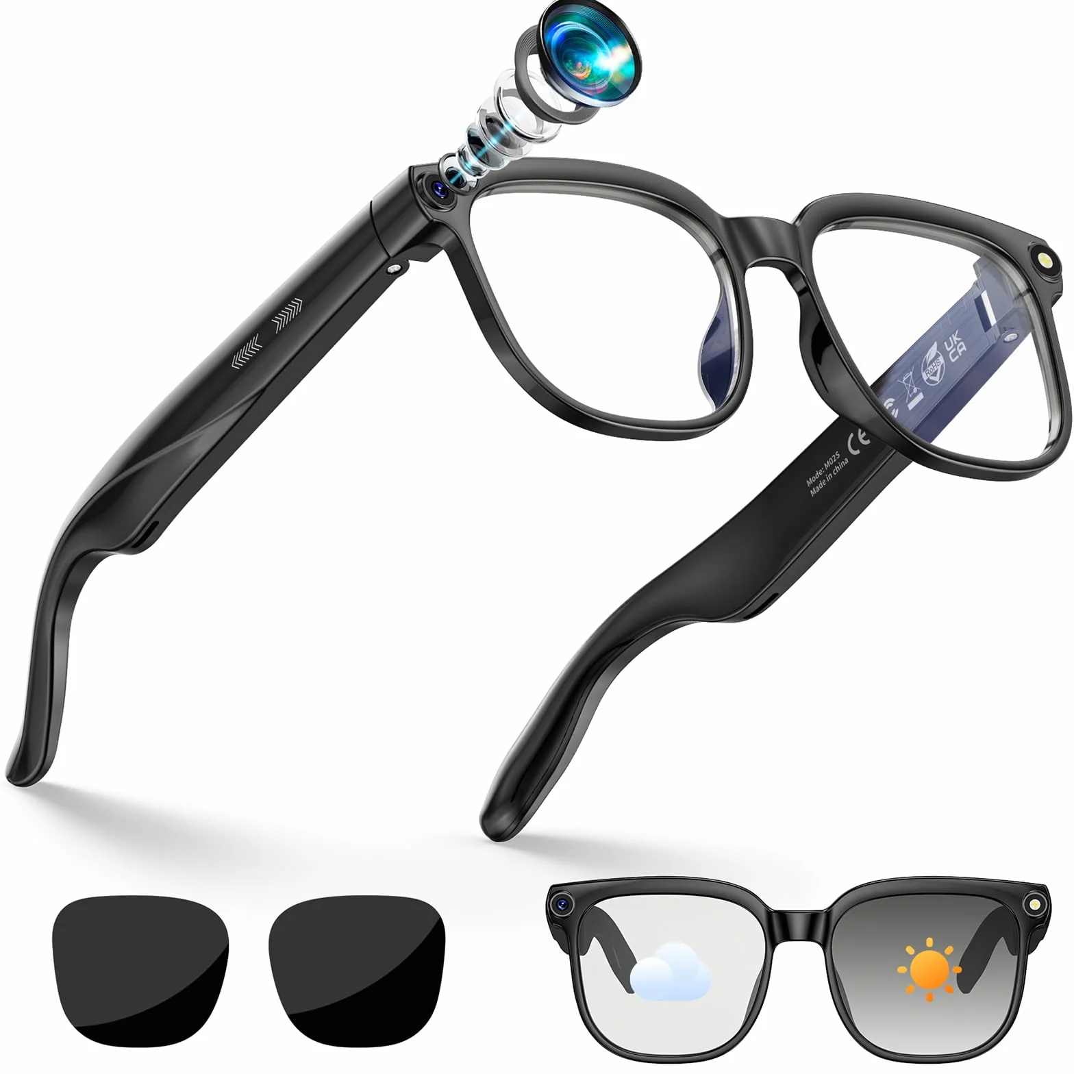 Occhiali intelligenti AI, Smart Glasses con 8K Fotocamera, 2 Paia di Lenti, registrazione video e audio HD 1080p, riproduzione musicale/Chiamate Bluetooth/Assistente AI/traduzione in tempo reale