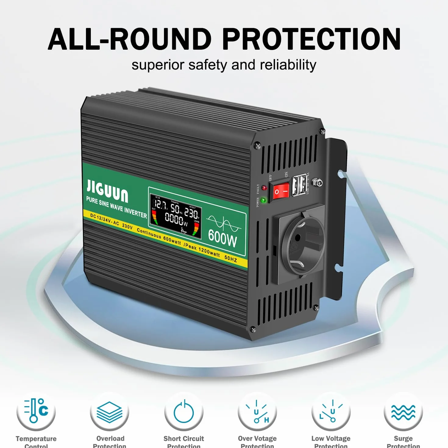 JIGUUN 600W inverter 12V/24V 220V onda pura Trasformatore con 1 prese EU e 2 porta USB 2.4A Telecomando senza fili e display LCD Potenza di picco 1200W per camion camper emergenza