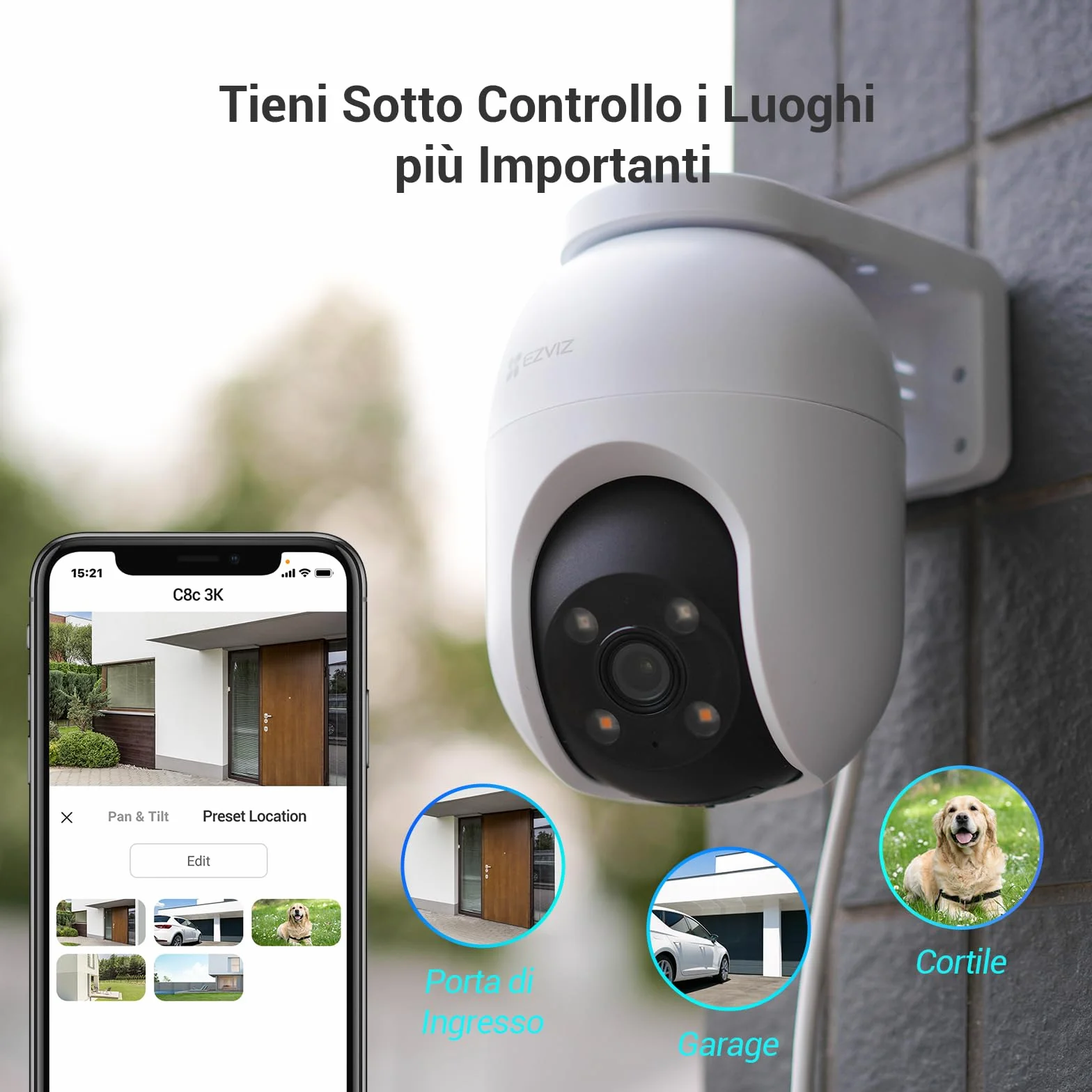 EZVIZ C8c 5MP Telecamera Wi-Fi Esterno 3K Motorizzata 360° Visione Notturna Colori Rilevamento Persone Veicoli Tracciamento Zoom Auto Alexa Google
