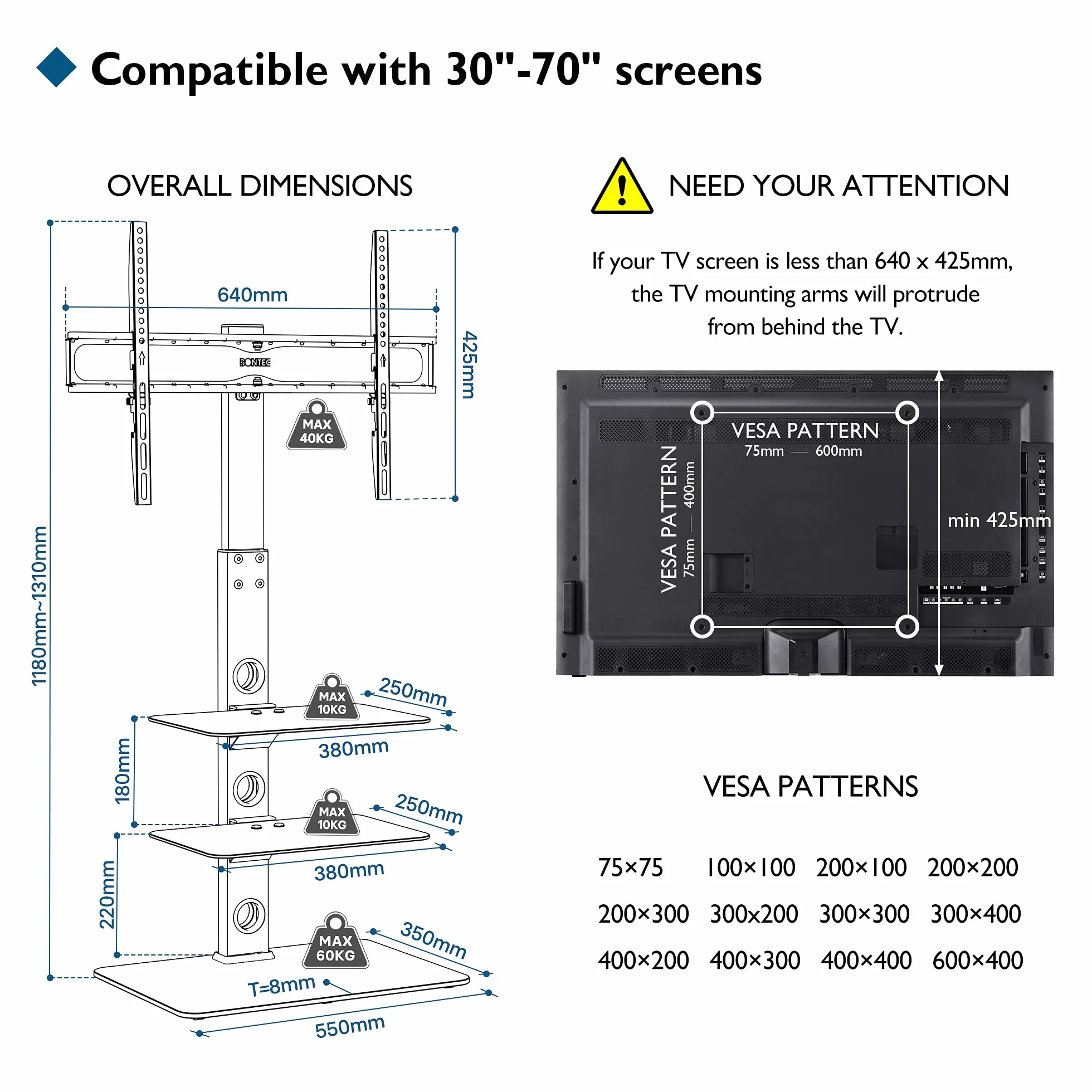 BONTEC Universale Supporto TV da pavimento per TV da 30-70 pollici LED OLED LCD, Porta TV da Terra Regolabile in Altezza con Ripiani in Vetro Temperato a 3 Livelli Max VESA 600x400mm, Fino a 40KG