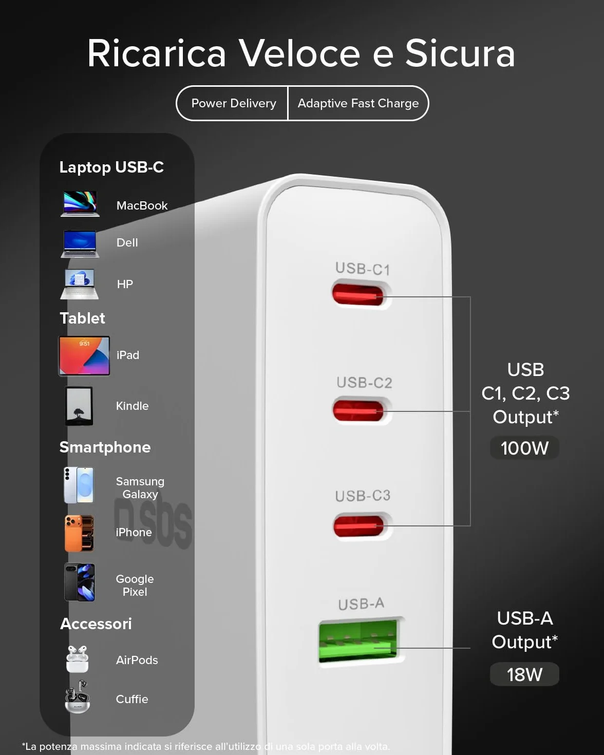 SBS Travel Adapter USB-C 100W, Caricatore da Viaggio con Spine US/UK/EU/AU | Convertitore Adattattore 4 porte USB, Power Delivery (PD), Ricarica Rapida per iPhone, Android, MacBook e Notebook, Bianco