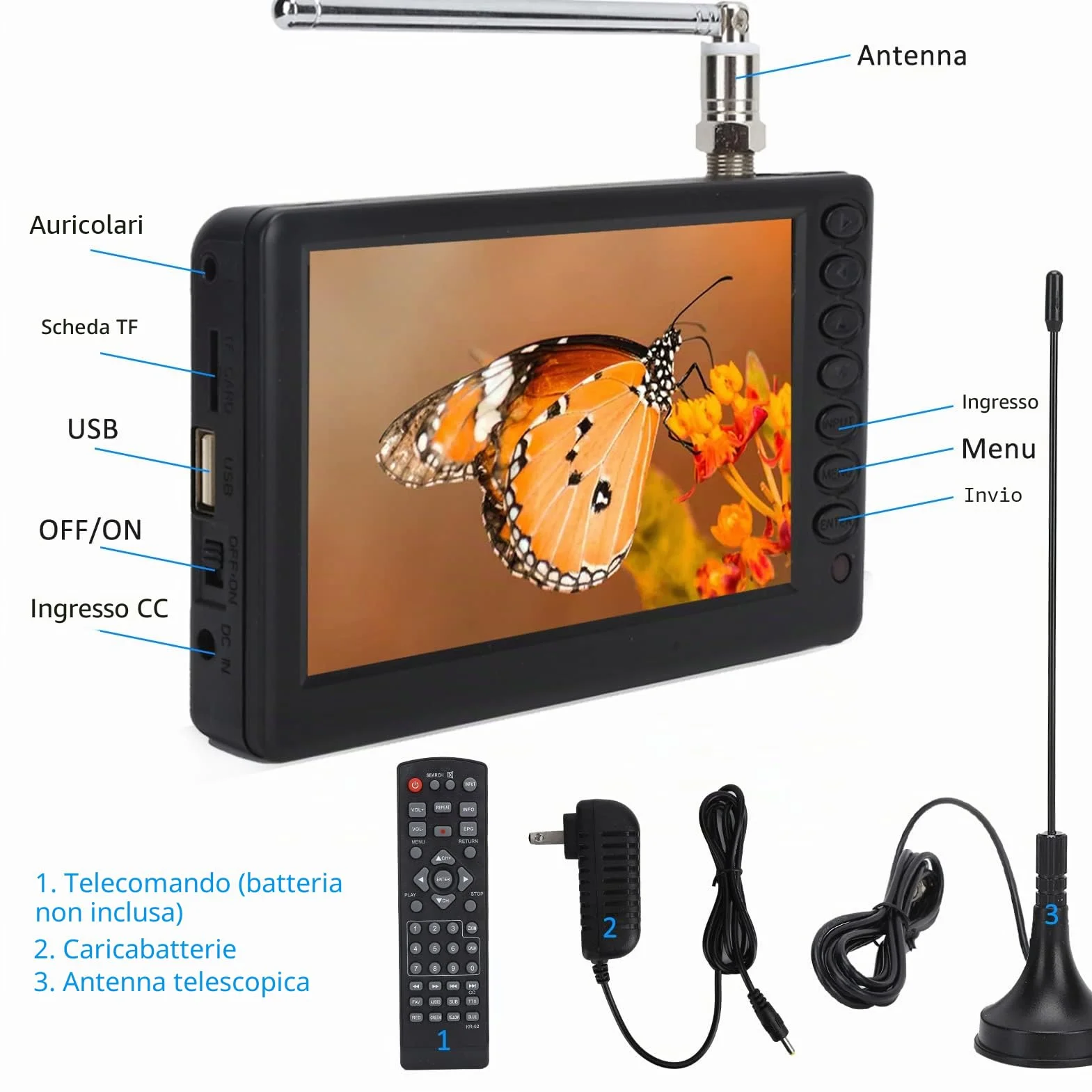 TV Portatile da 5 Pollici ATSC HD TFT LED Mini TV Digitale 1080P con Telecomando e Batteria 1500 mAh per Auto