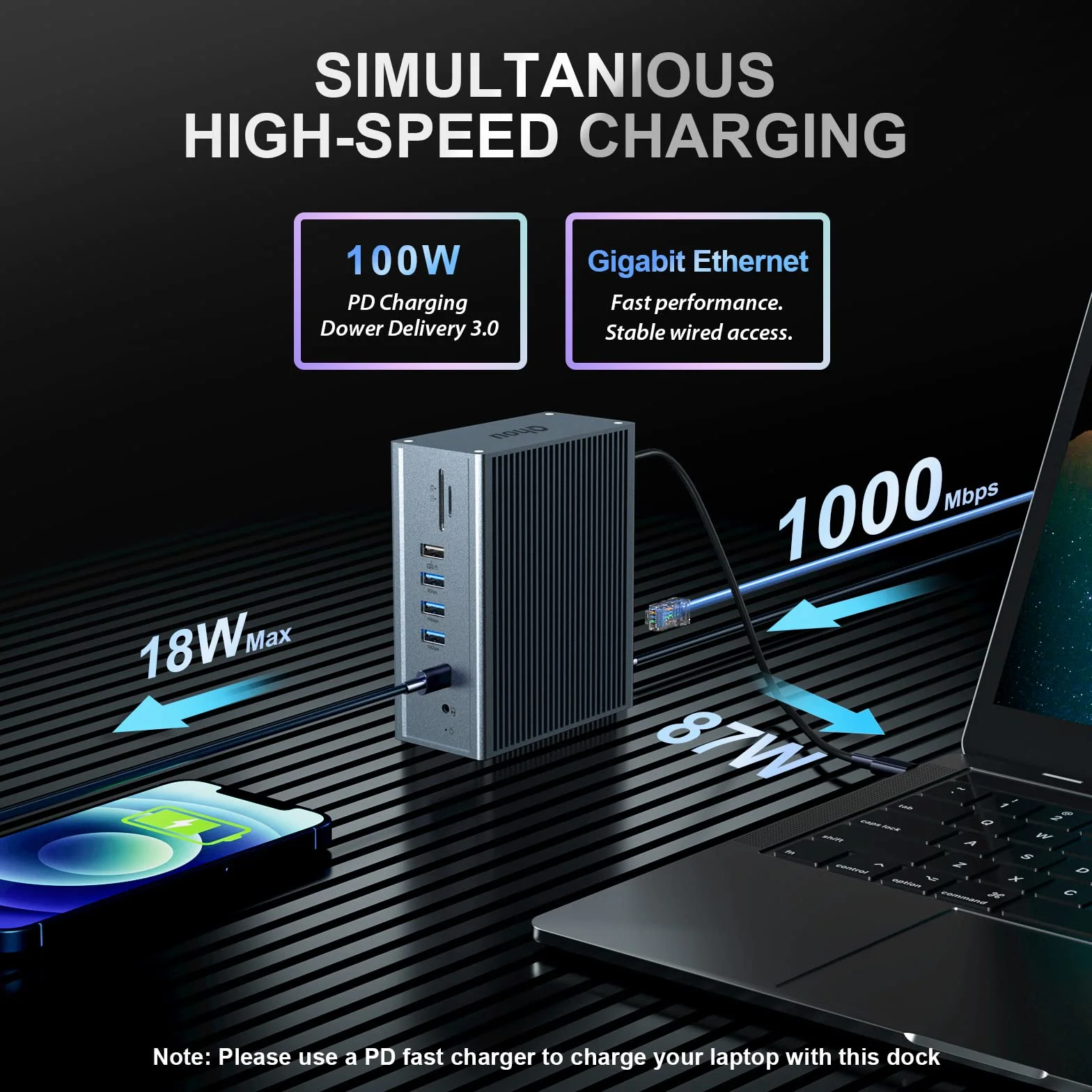Qhou Docking Station USB-C 16 in 1 Docking Station USB C, tripla HDMI, 100 W PD, Ethernet, audio da 3,5 mm, 2 USB A e USB C, SD/TF per computer portatili Mac Pro/Air e Thunderbolt 3