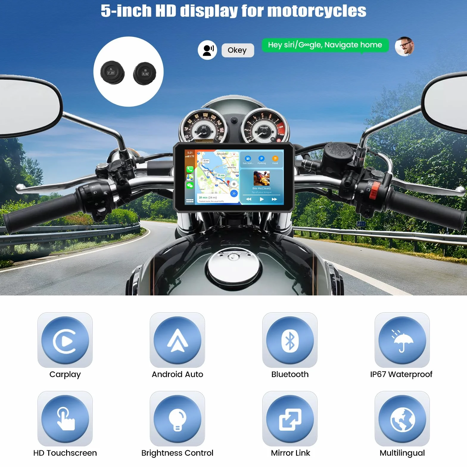 [2026 NOVITÀ] CAMECHO 5 pollici Touchscreen Wireless Carplay Moto con rilevamento della pressione dei pneumatici, GPS Moto Auto con CarPlay wireless Android Auto Bluetooth IP67 impermeabile 12V