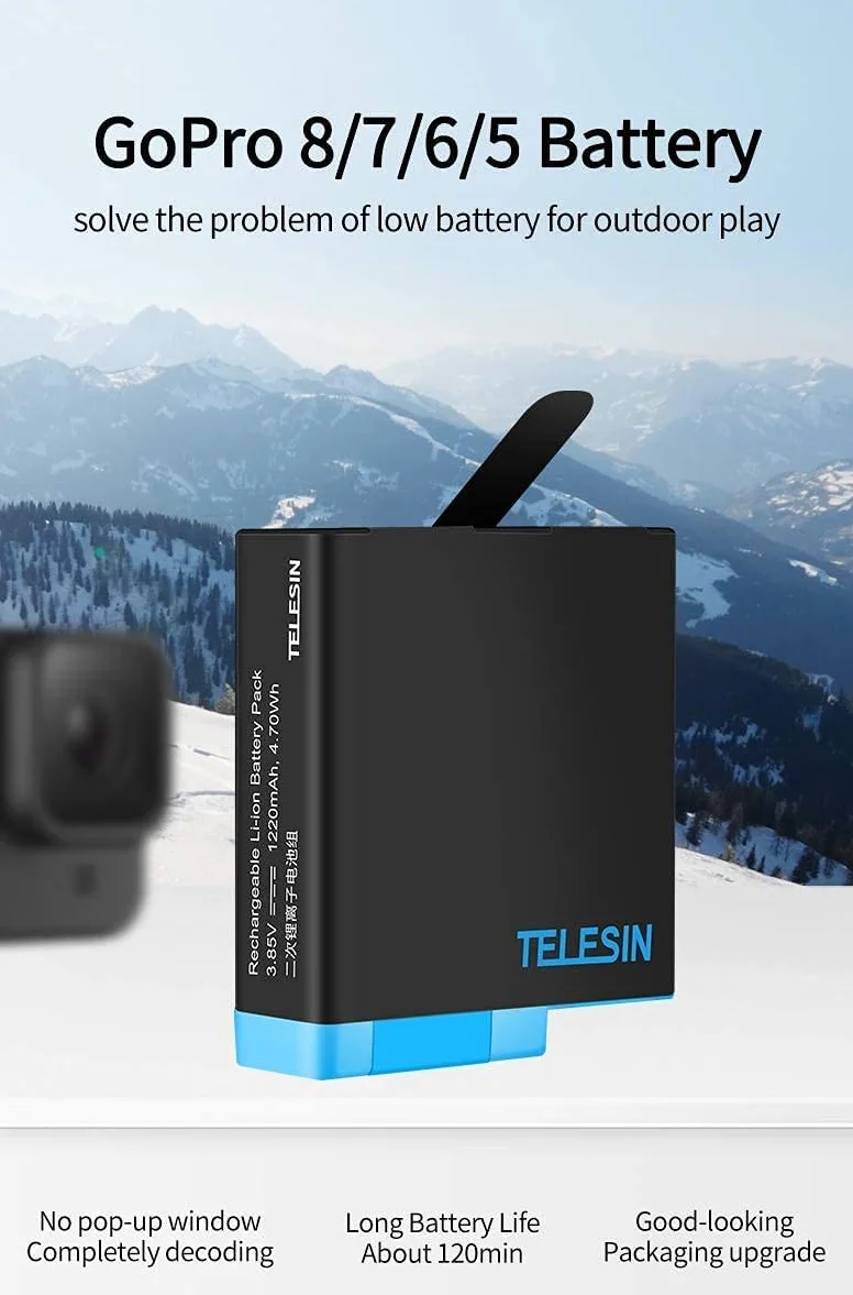 TELESIN Caricabatteria tripla e scatola di immagazzinaggio di batteria con caricabatteria a 3 canali con 2 batterie ricaricabili agli ioni di litio per Gopro Hero 8 Black, Hero 7/6/5 Black