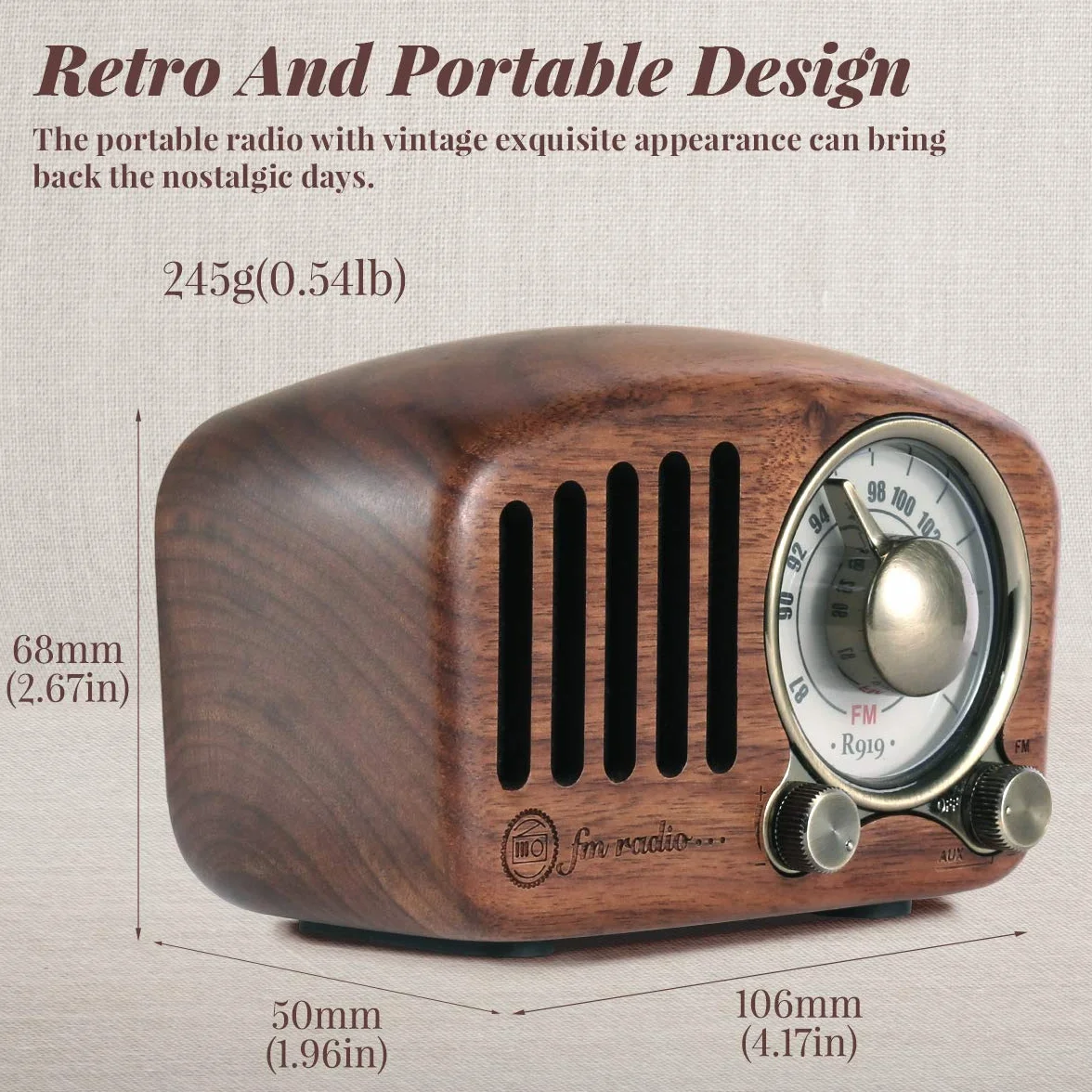 Prunus R-919 Radio Portatile FM Bluetooth Vintage Legno Ricaricabile TF Card AUX