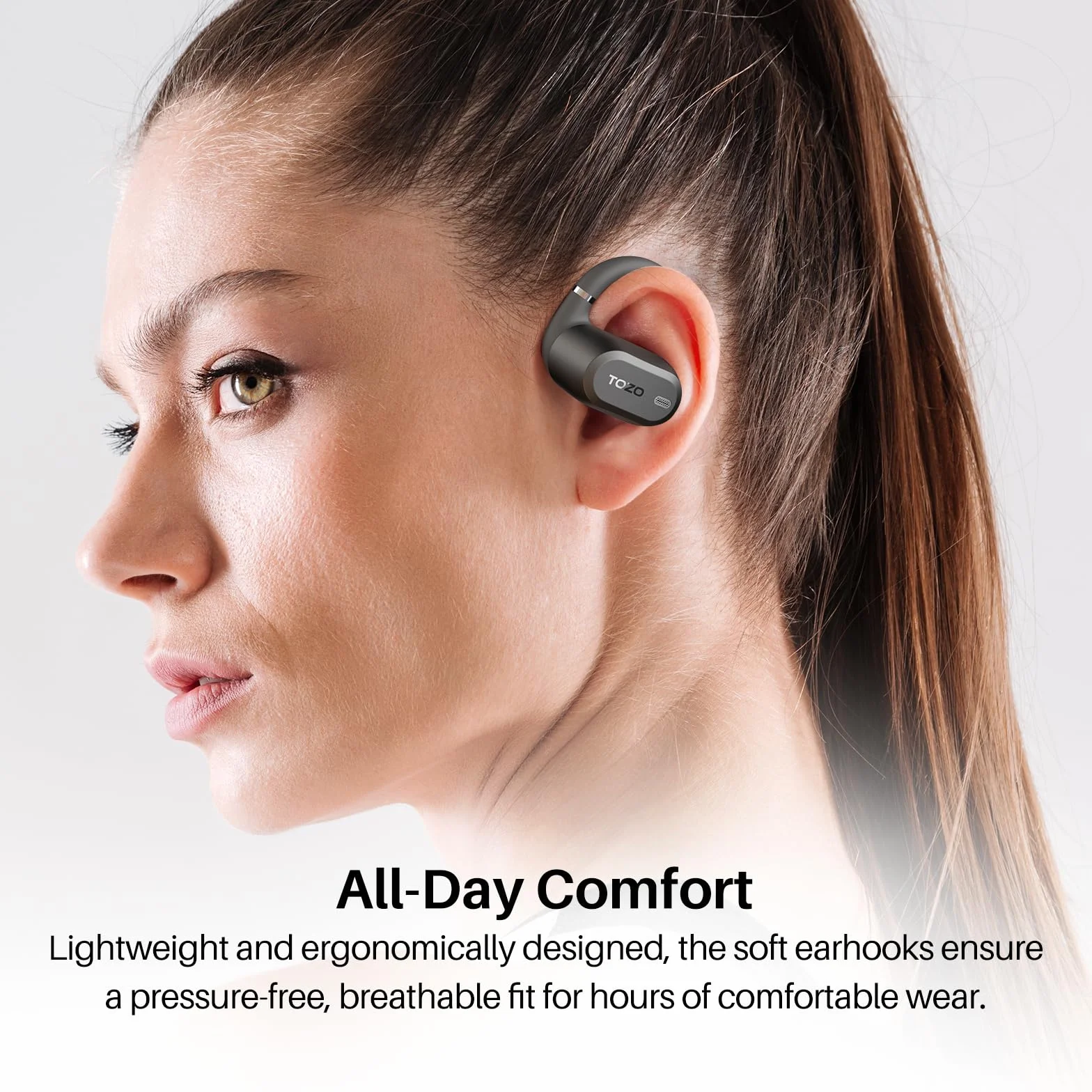 TOZO OpenWear Cuffie Bluetooth con ENC Chiamate, 14.2mm Driver 38 Ore, LED Schermo, Bassi Potenti, 5 EQ Modalità, Doppio Cardine Ultra Confort, Gancio Rotazione, Ricarica Rapida USB Tipo C Nero