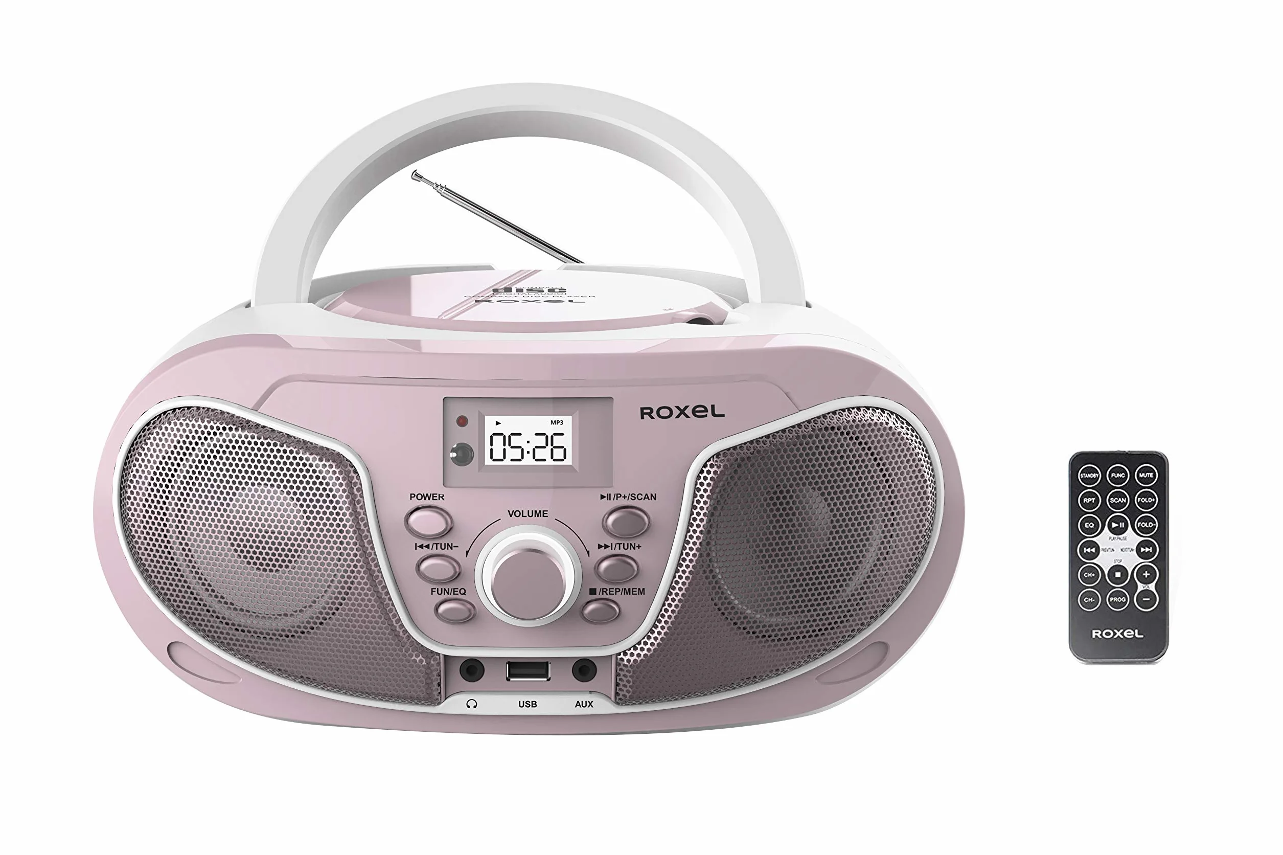 Roxel RCD-S70BT Boombox portatile lettore CD con telecomando, radio FM, riproduzione MP3 USB, ingresso AUX da 3,5 mm, jack per cuffie, display a LED, streaming musicale wireless (rosa)
