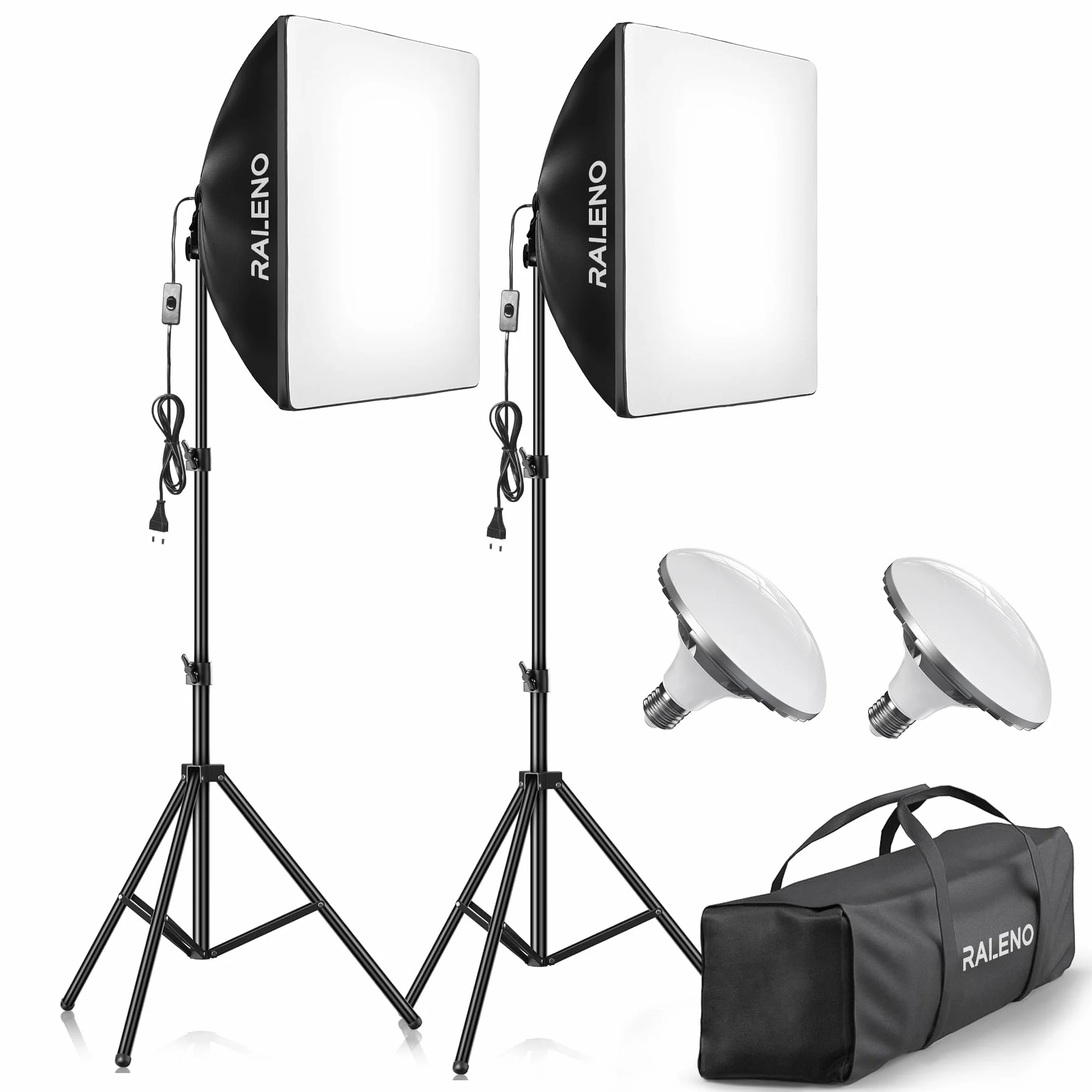 RALENO Softbox 2 x 50W LED Softbox Set per Studio Fotografico, 2 x 50x50 cm, Luce Fotografica con Lampadina da 5500K e Treppiedi, Lampada Fotografica per Ritratti