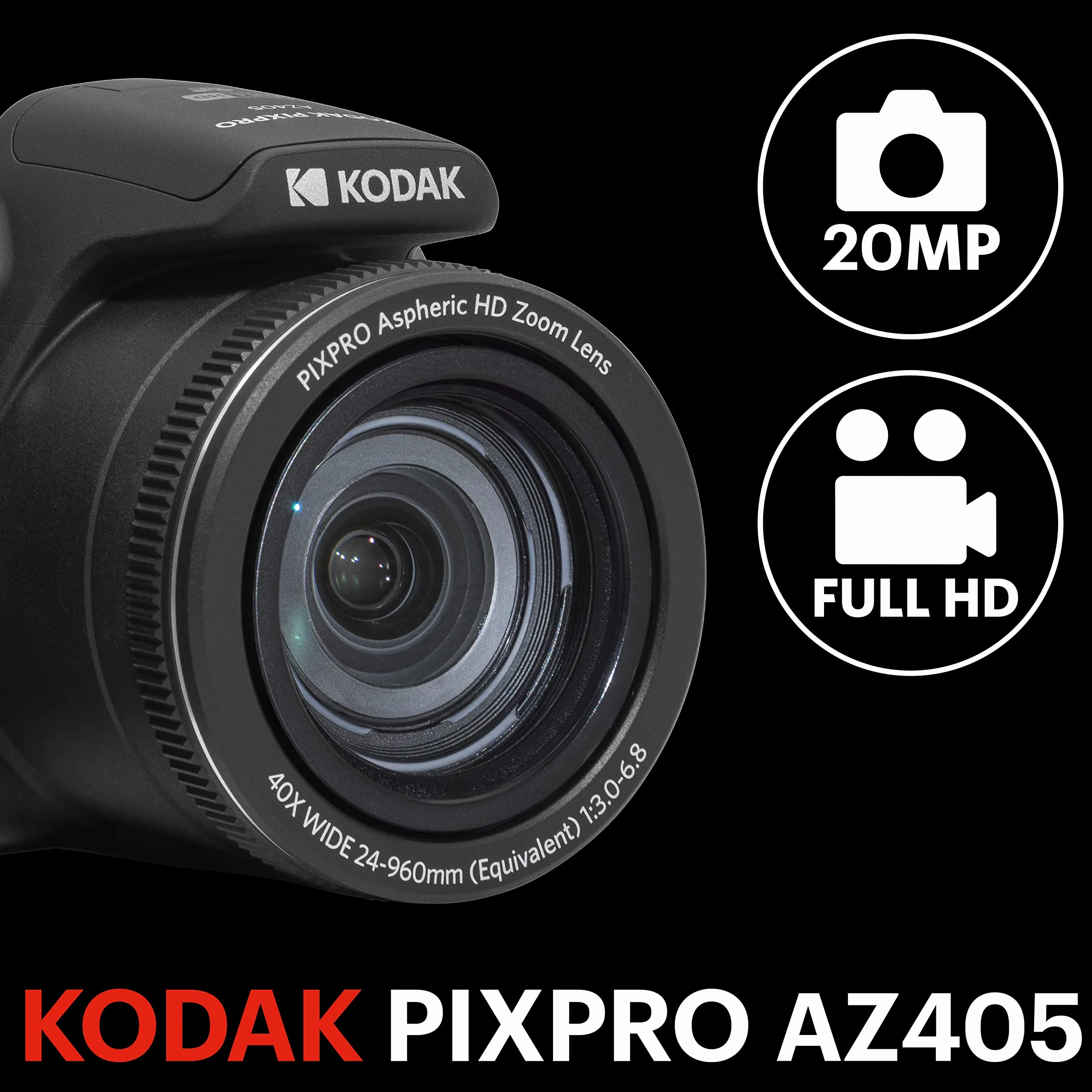 KODAK Pixpro Astro Zoom AZ405 - Fotocamera digitale bridge, Zoom X40, Grandangolo 24mm, 20 megapixel, LCD 3, Video Full HD 1080p, OIS, Batteria AA - Nero