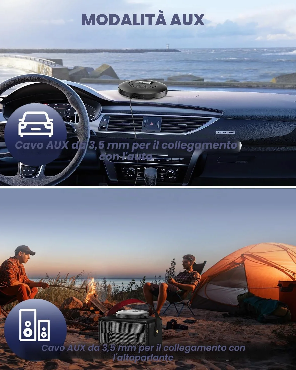 DESOBRY Lettore CD portatile, 7 ore di riproduzione della batteria, Discman con auricolare, Blocco di tenuta e funzione anti-salto, Lettore CD auto con AUX