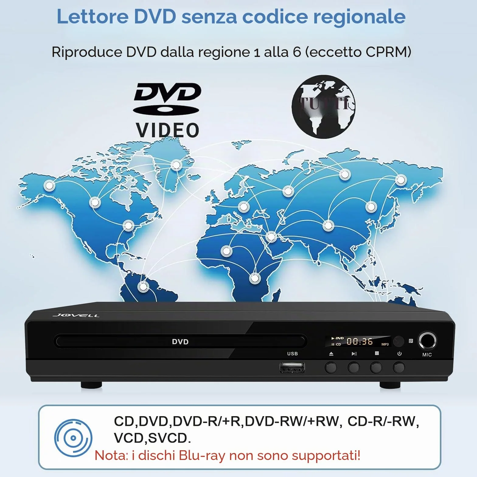 Lettore DVD 170 con porta scart 1080P HD senza regioni con uscita HDMI, uscita AV, sistema TV PAL NTSC, supporto ingresso MIC, ingresso USB (con scart)