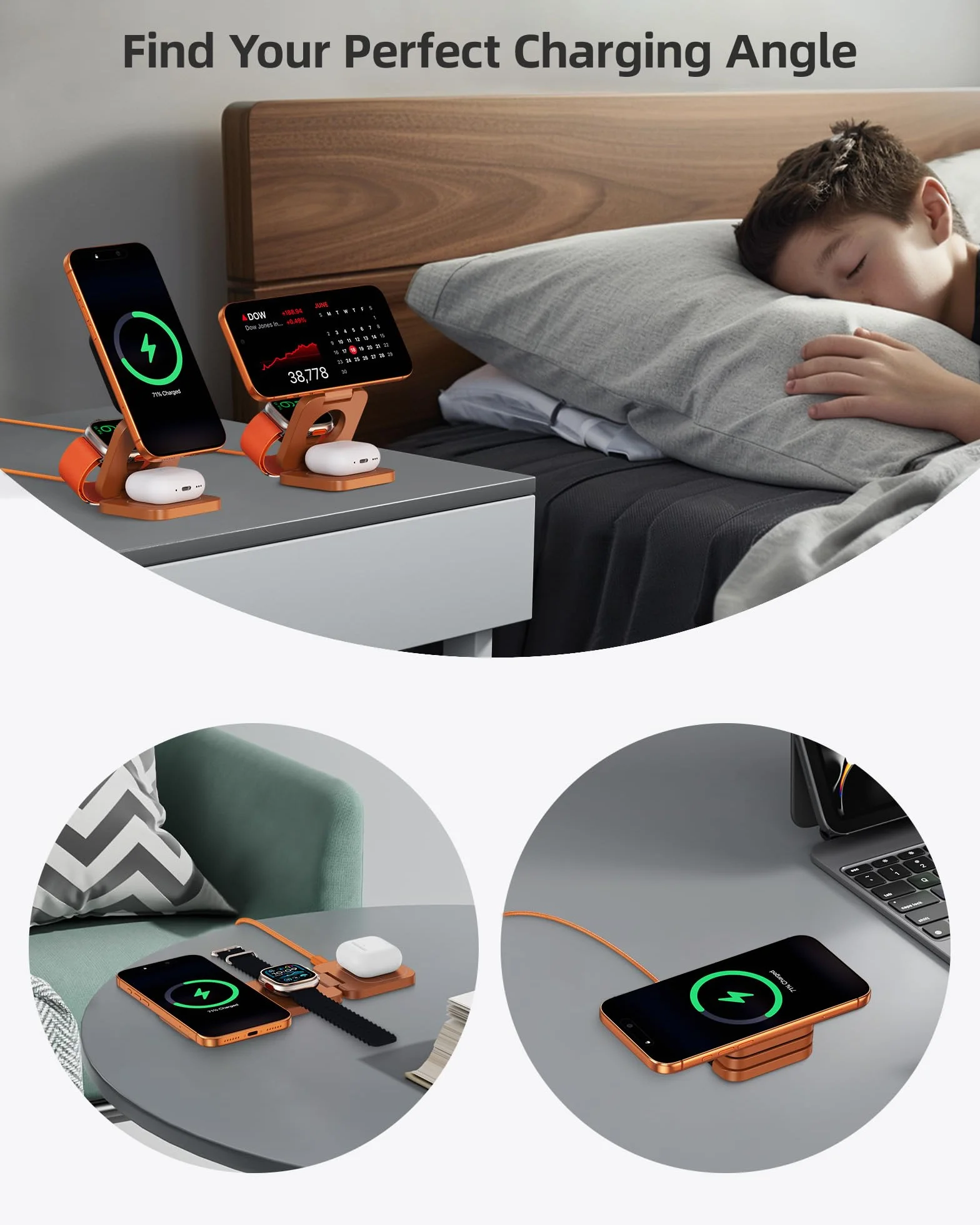 KU XIU X55 Turbo Qi2.2 25W Caricatore Wireless per Magsafe, Pieghevole Stazione di Ricarica 3 in 1, Magnetico Wireless Charger Base per iPhone 17-12 & Watch & AirPods, Adattatore incluso, Arancio