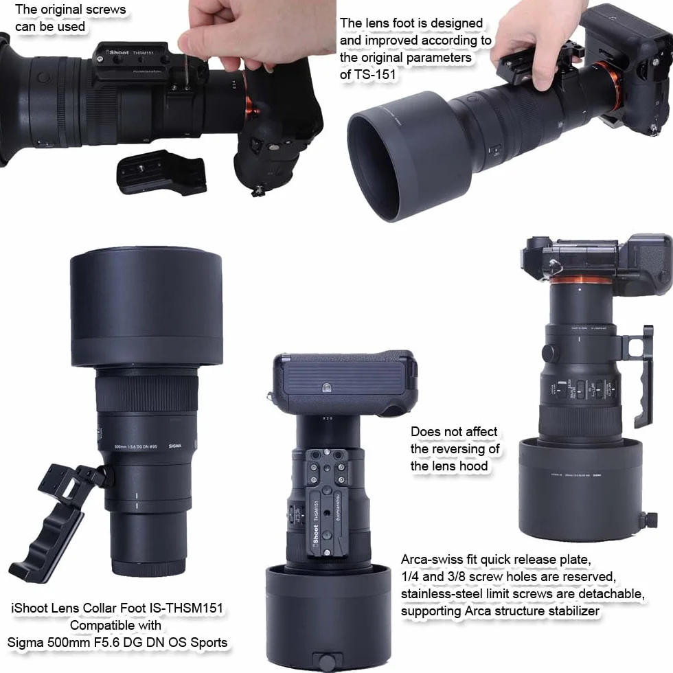 iShoot Base ad anello di ricambio per treppiede compatibile con Sigma 70-200 mm F2.8 DG DN OS Sports e 500 mm F5.6 DG DN OS Sports, staffa di supporto con piastra a sgancio rapido Arca-swiss Fit