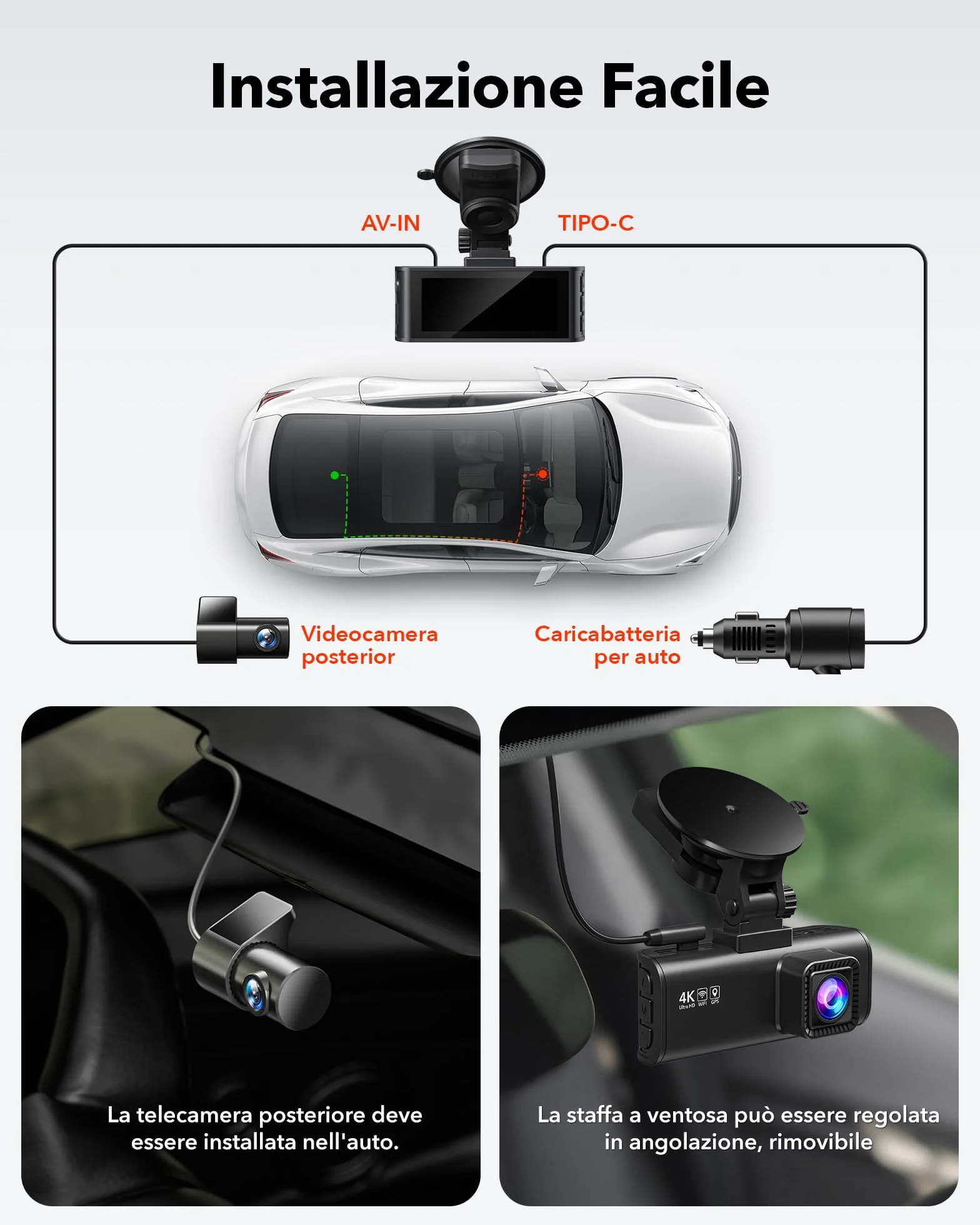 REDTIGER Dash Cam 4K/2.5K Anteriore e Posteriore, STARVIS 2, Schermo IPS 3,18 Pollici, 128 GB Inclusa, WiFi 5,8 GHz, GPS, WDR 170° Grandangolare