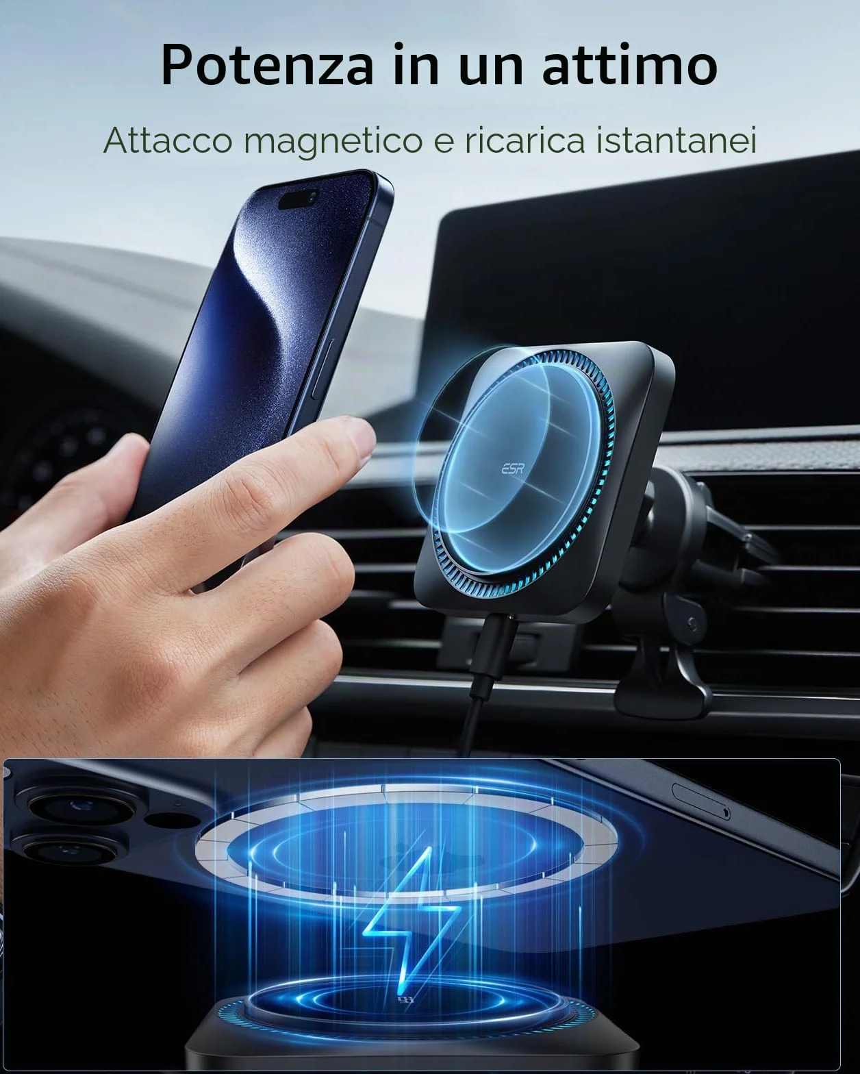 ESR HaloLock Caricatore Wireless per Auto con CryoBoost, Compatibile con iPhone 17/17e/16/15/14/13/12, S26/S25, MagSafe e Le Custodie Magnetiche, Ricarica Veloce, Ventola di Raffreddamento, Nero Opaco