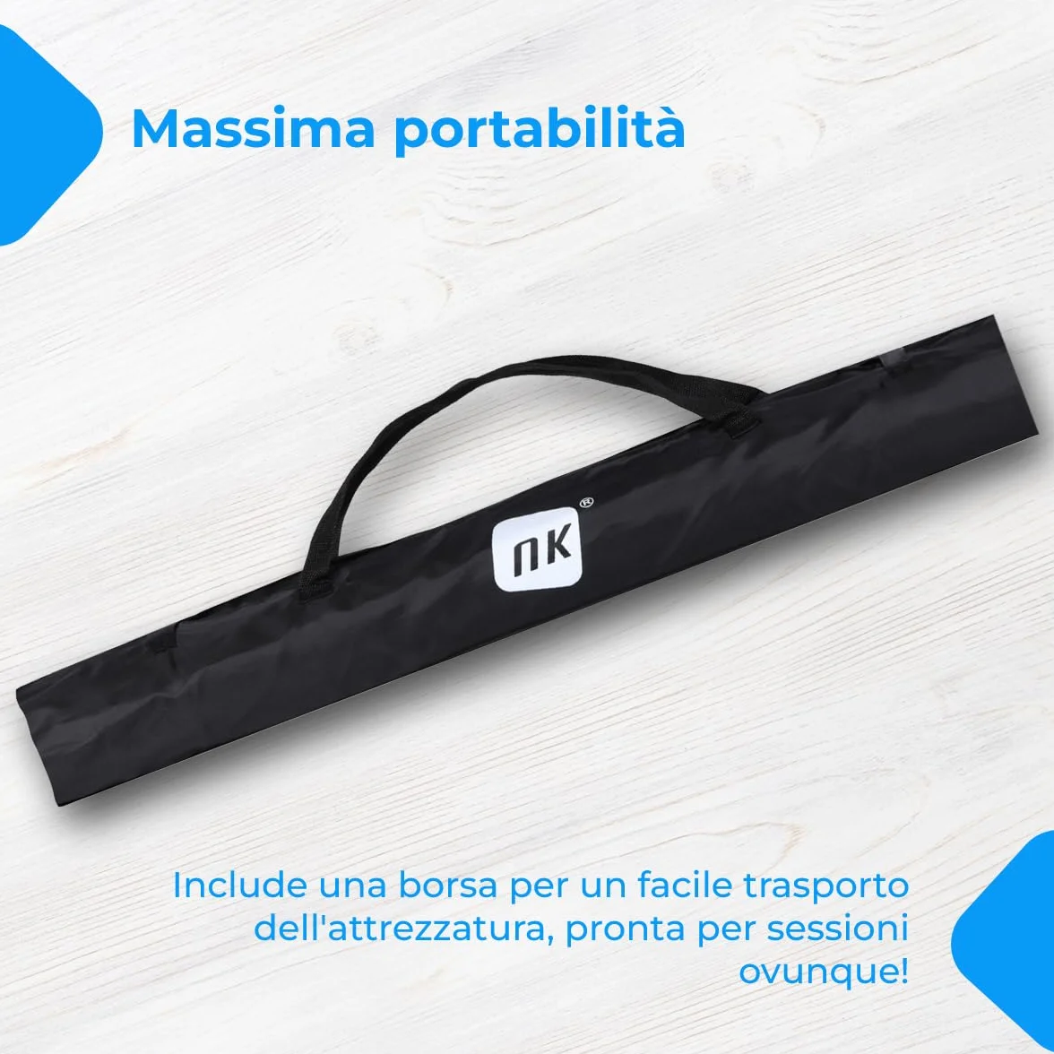 Supporto per fondale fotografico professionale NK 2 x 3 metri, regolabile e retrattile, 2x treppiede, 1x barra trasversale interconnessa, 6x mollette, 4x fascette laterali in velcro, 1x borsa